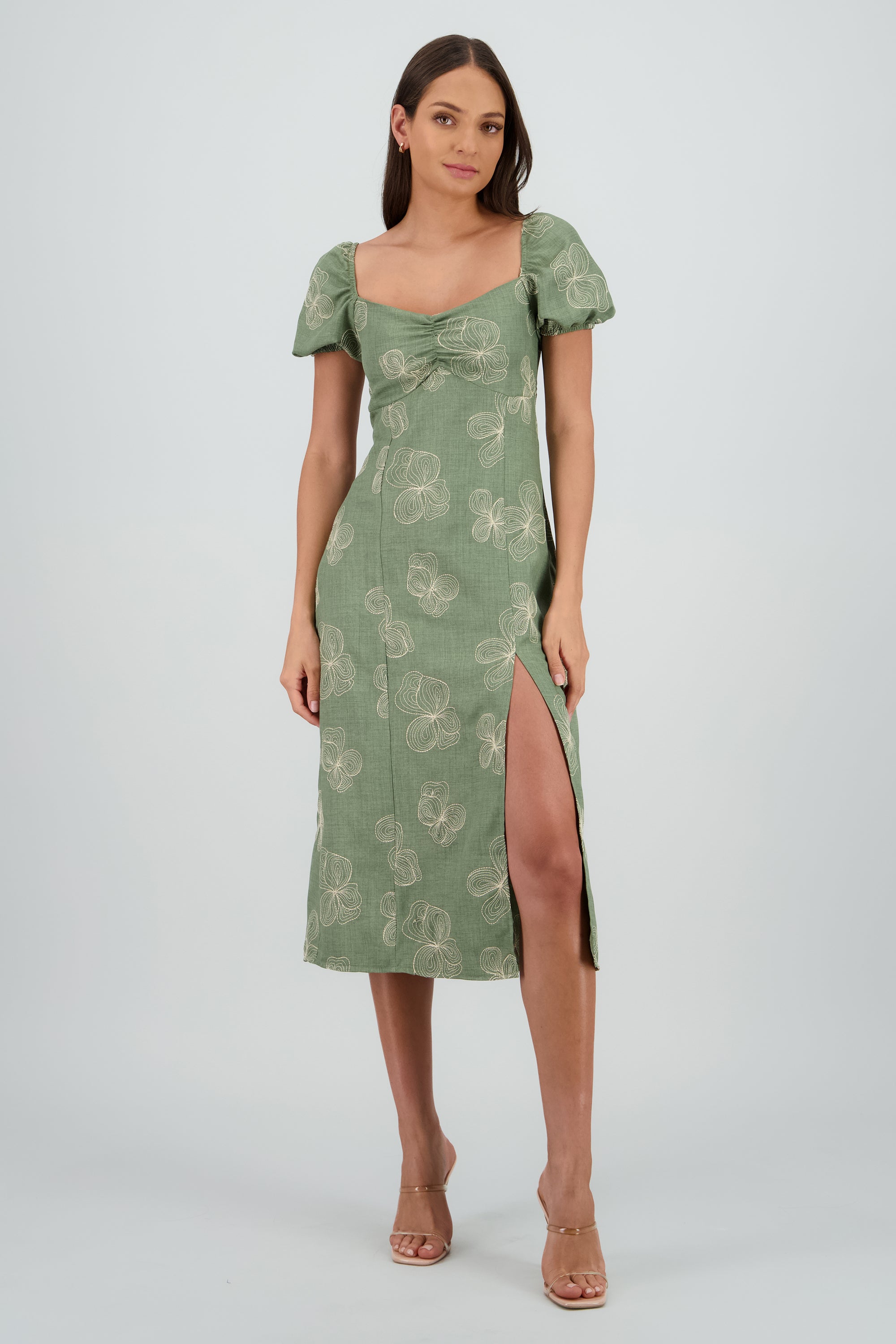 Vestido midi manga abullonada frunces
