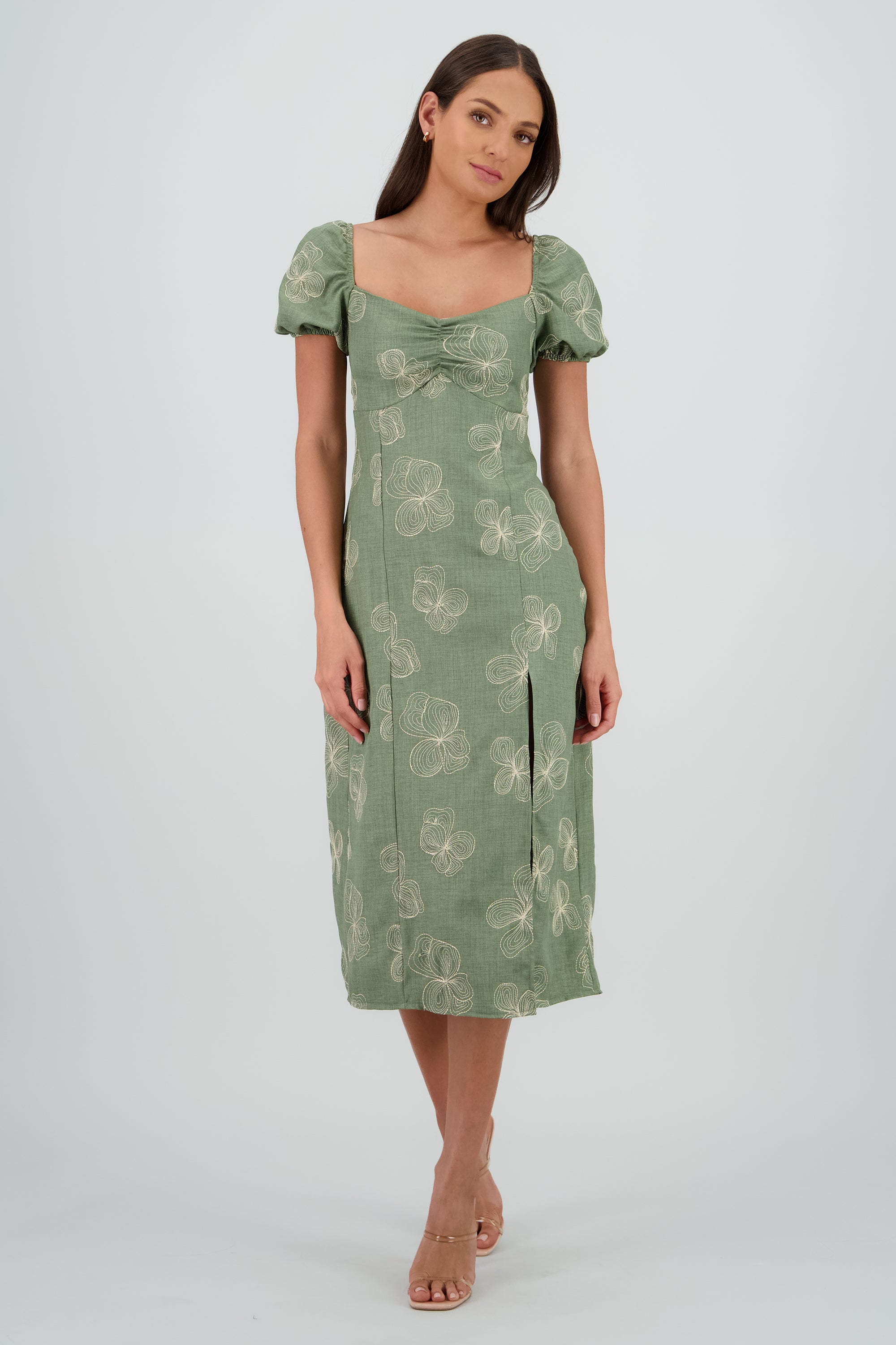 Vestido midi manga abullonada frunces
