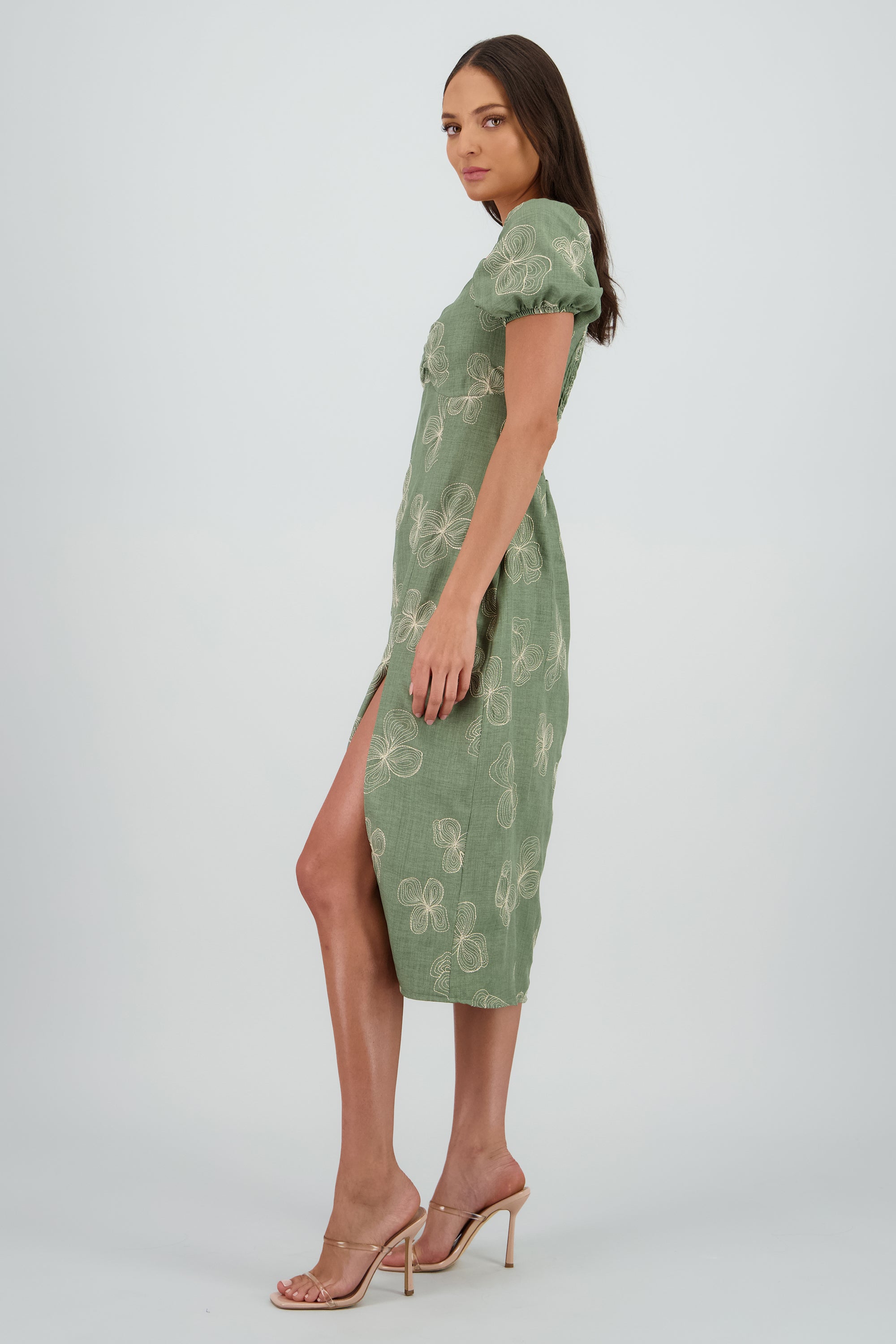 Vestido midi manga abullonada frunces