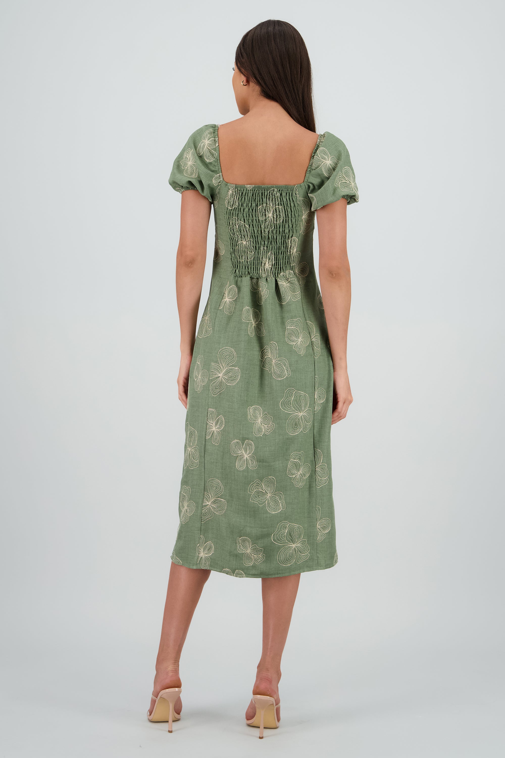 Vestido midi manga abullonada frunces