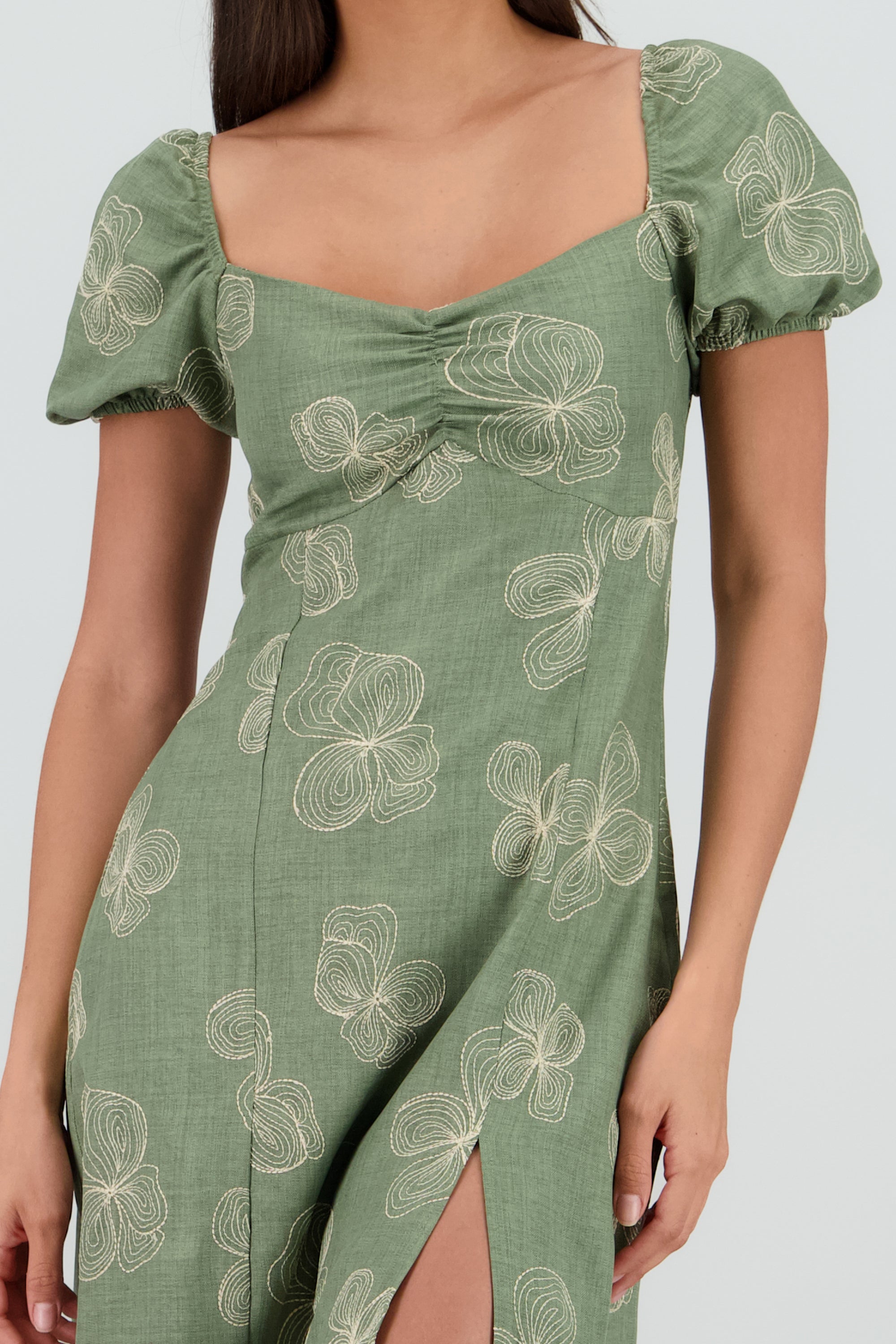 Vestido midi manga abullonada frunces OLIVO