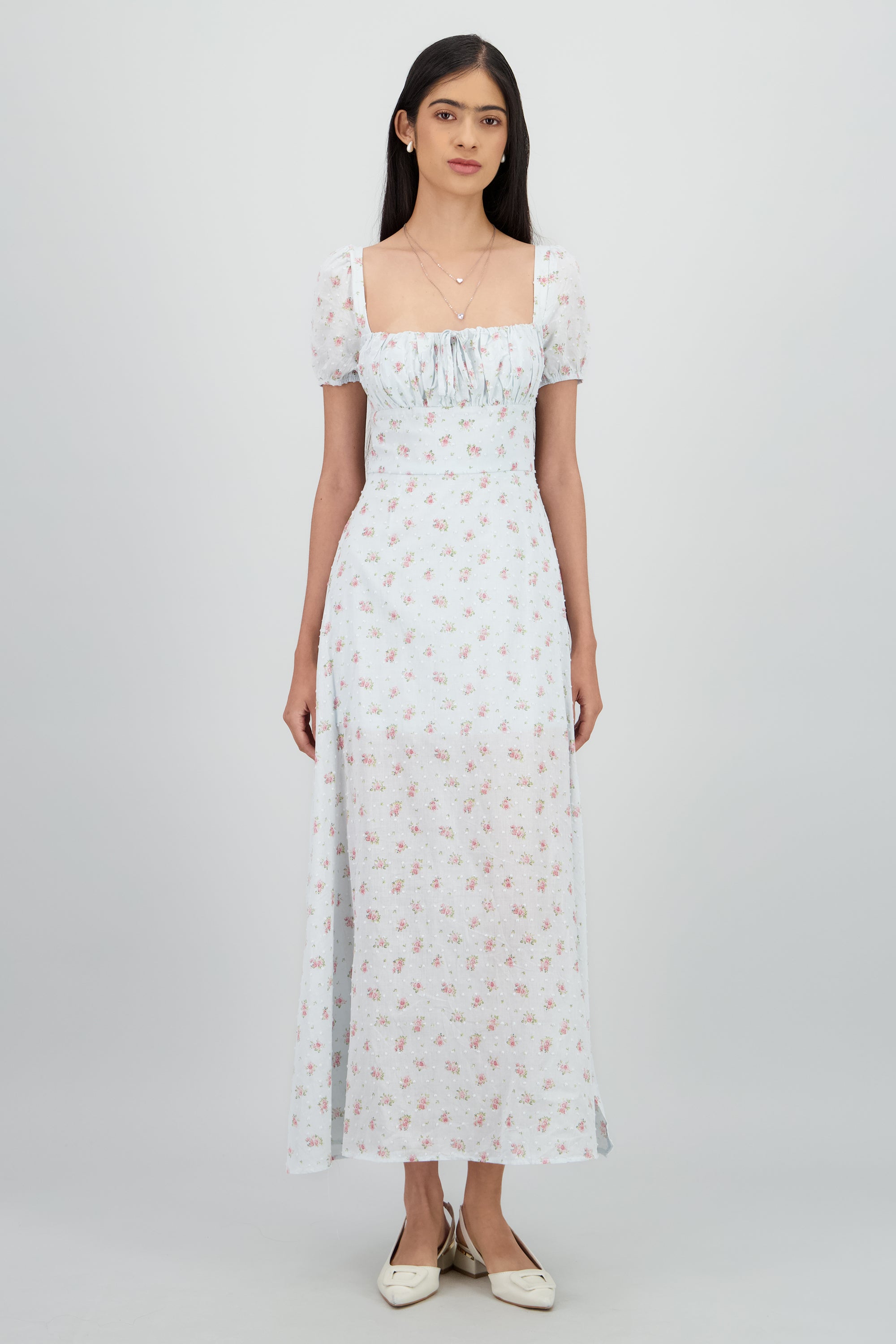 Vestido midi mini flores textura AZUL COMBO