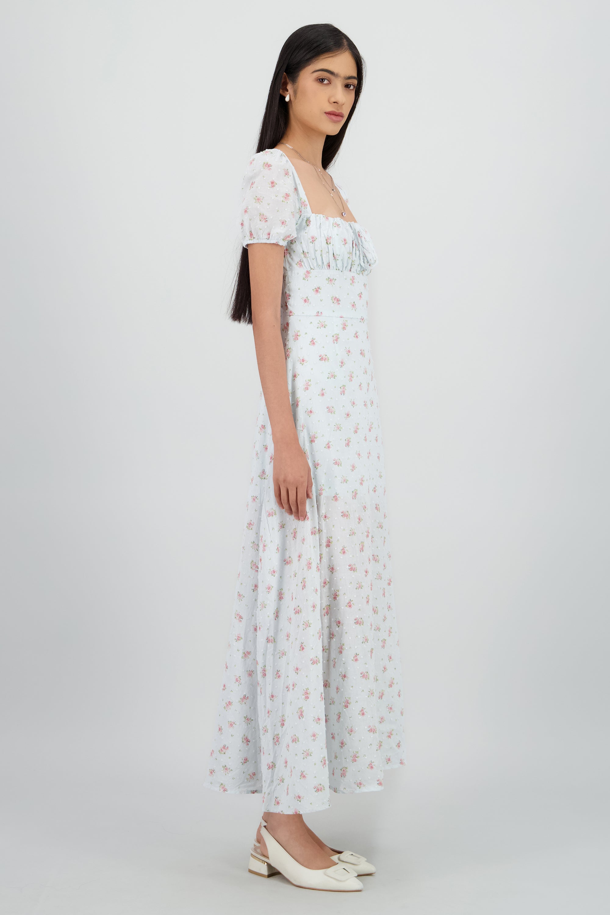 Vestido midi mini flores textura AZUL COMBO
