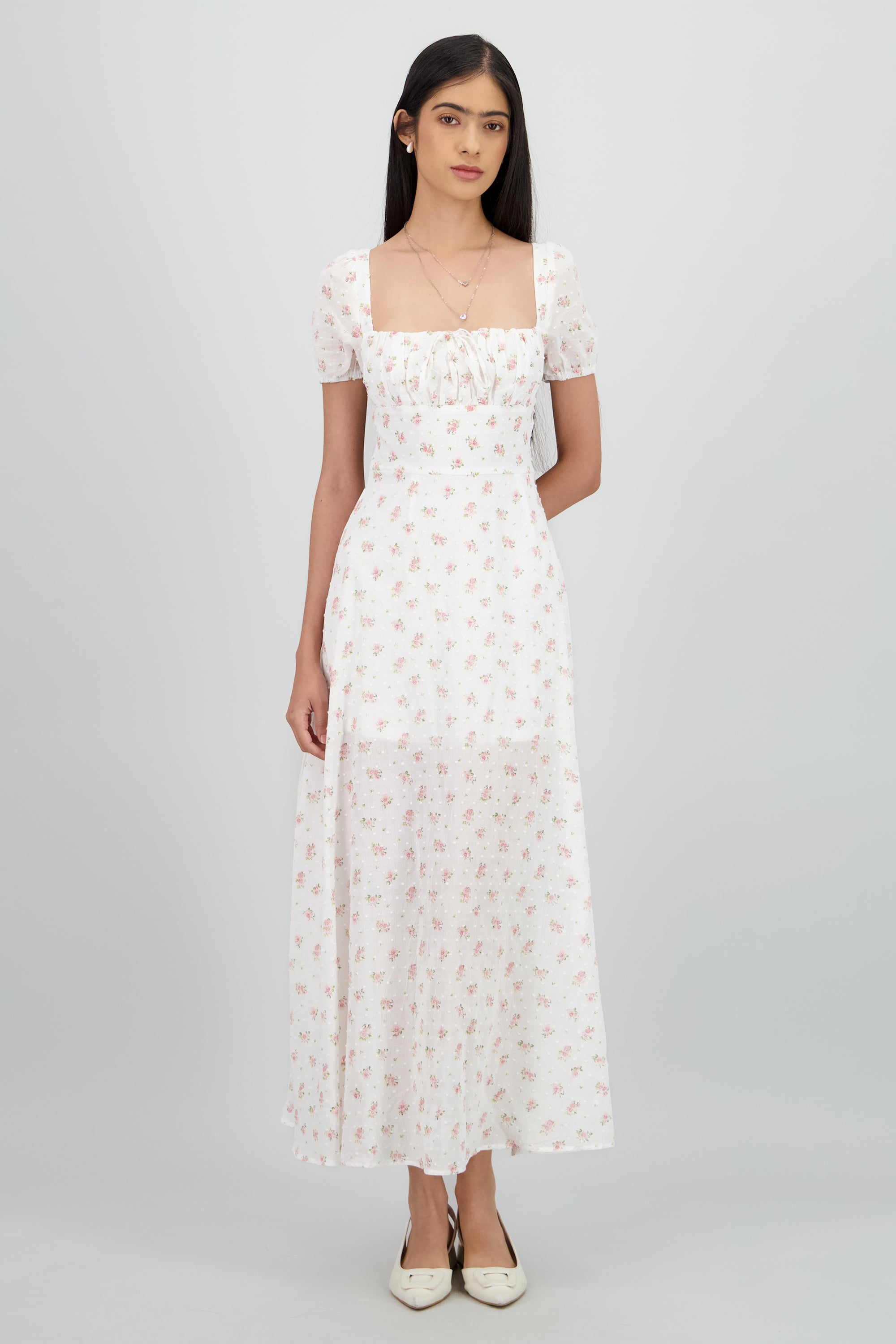 Vestido midi mini flores textura CREMA