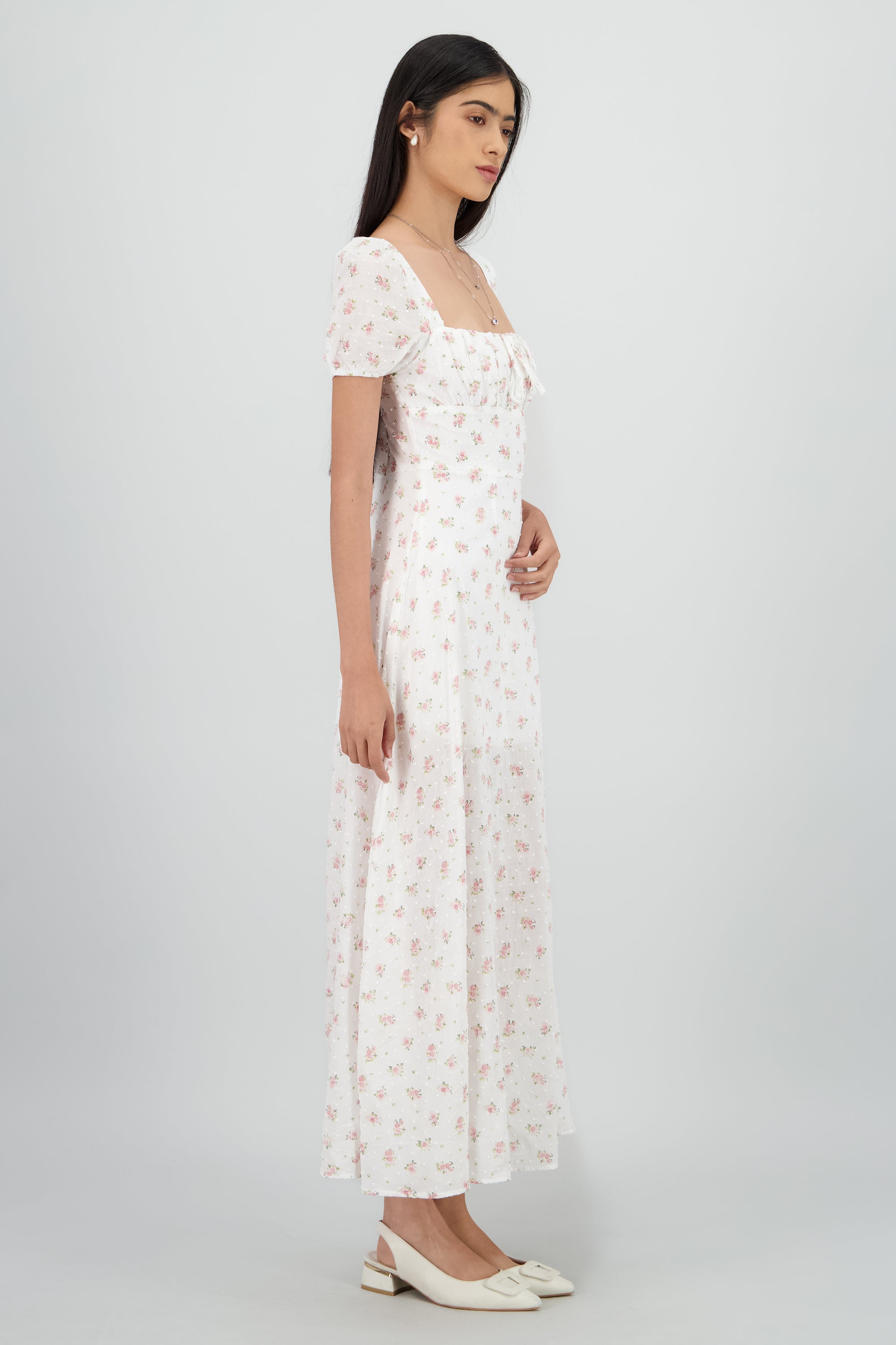 Vestido midi mini flores textura CREMA