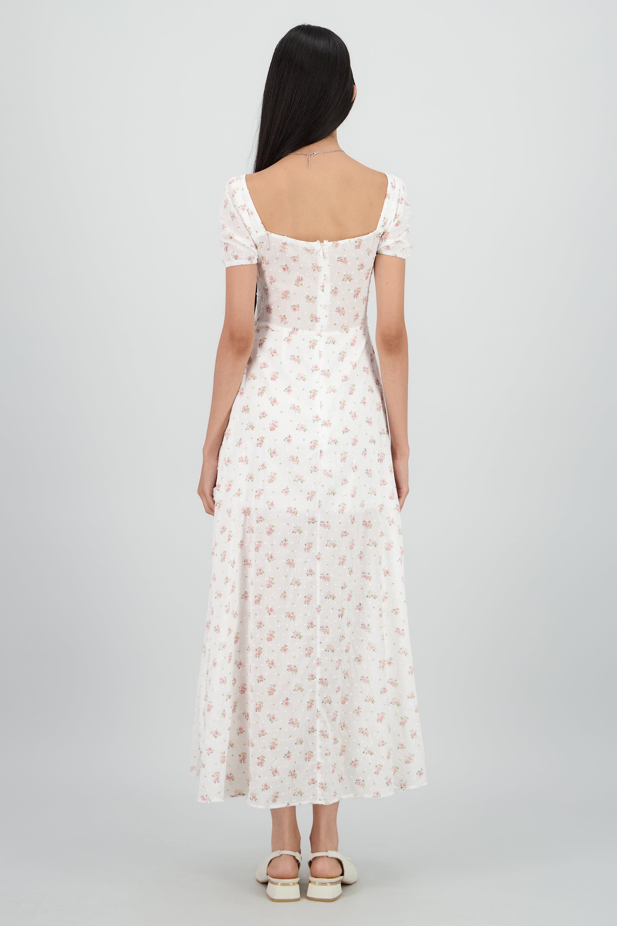 Vestido midi mini flores textura CREMA