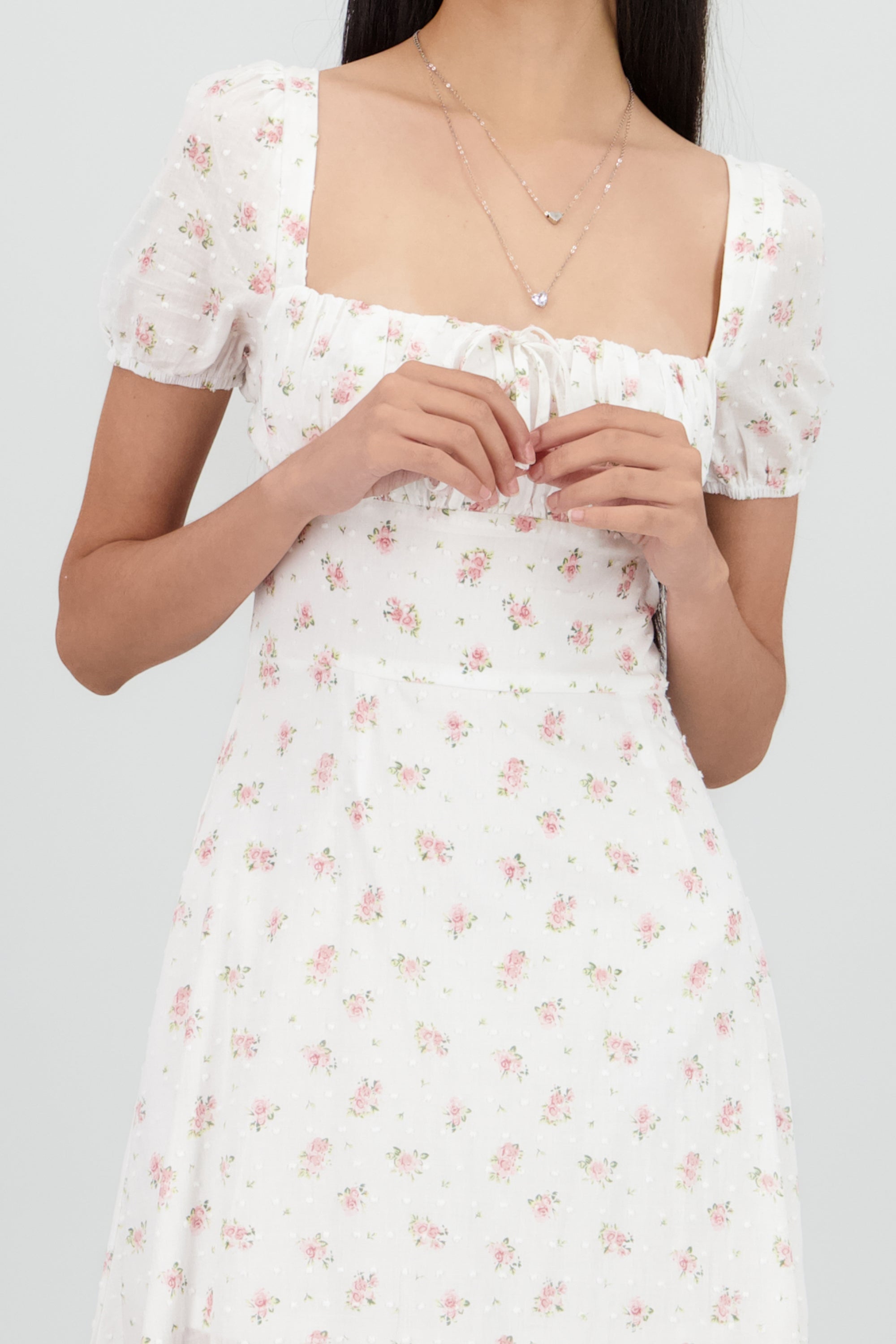 Vestido midi mini flores textura CREMA