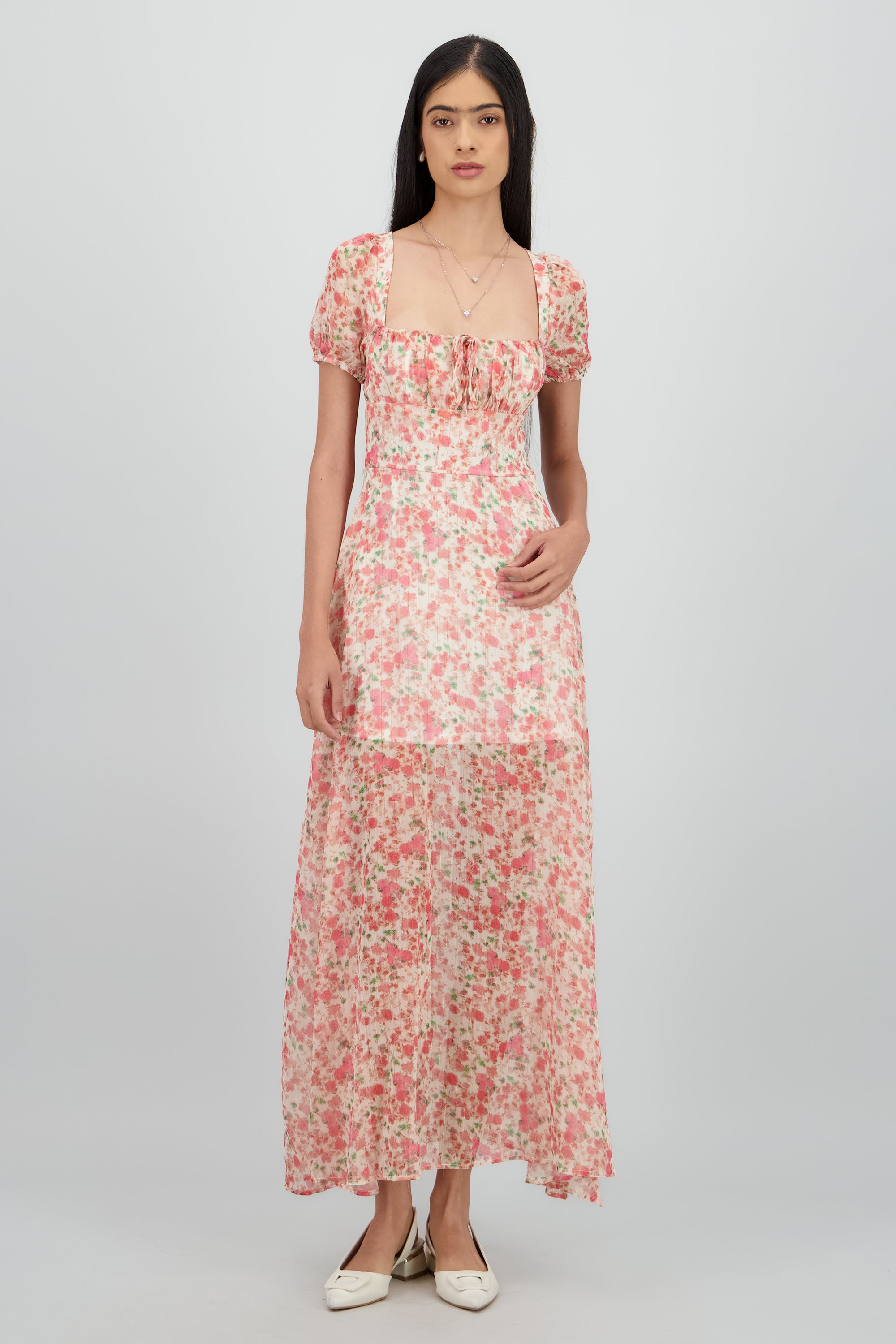 Vestido midi flores lineas lurex ROSA COMBO