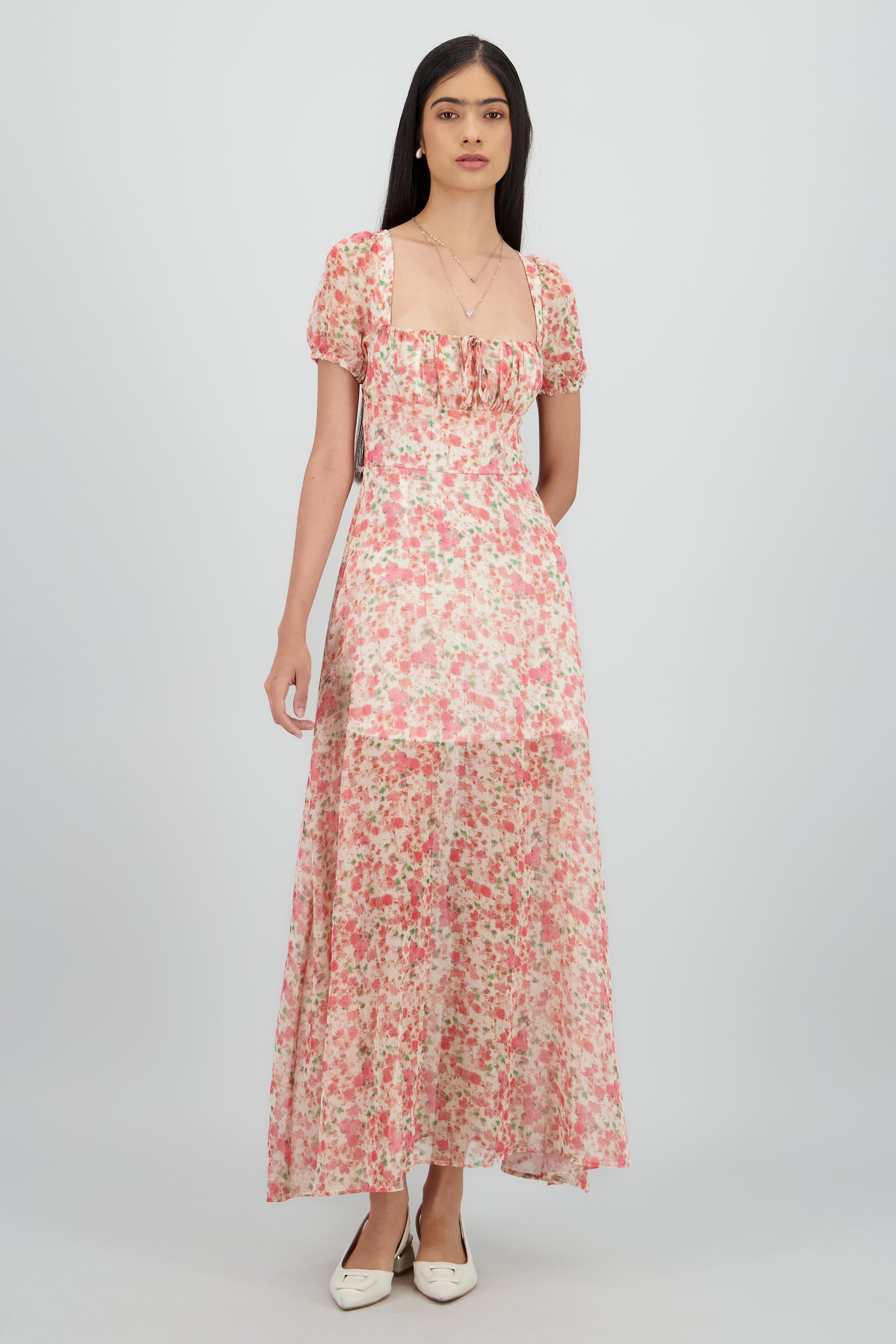 Vestido midi flores lineas lurex ROSA COMBO