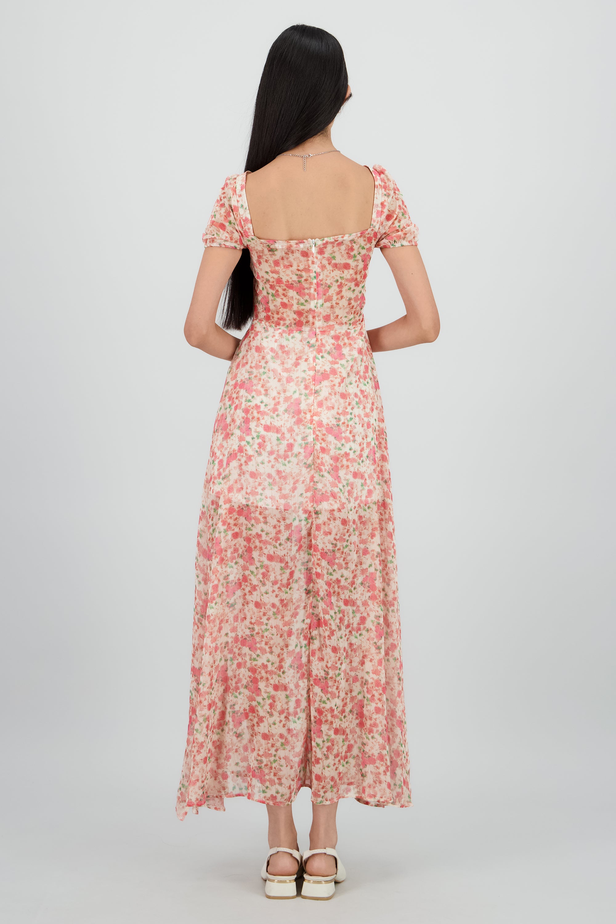 Vestido midi flores lineas lurex ROSA COMBO