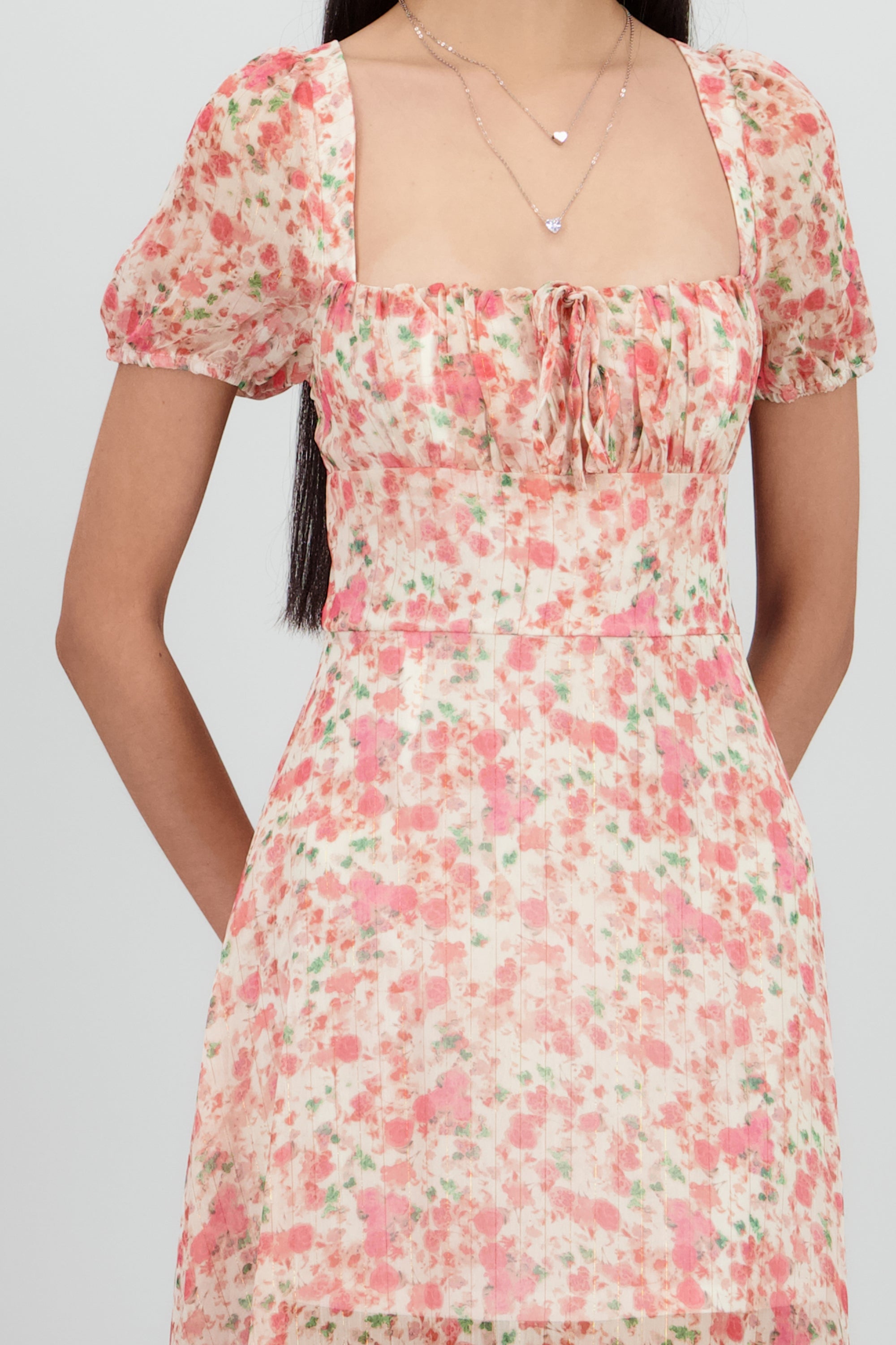 Vestido midi flores lineas lurex ROSA COMBO