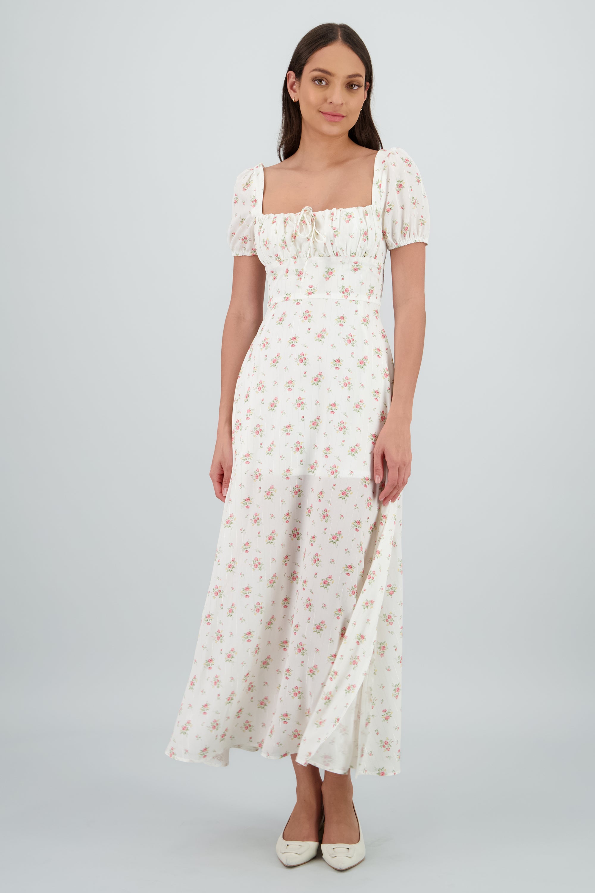 Vestido midi lurex y flores ROSA COMBO