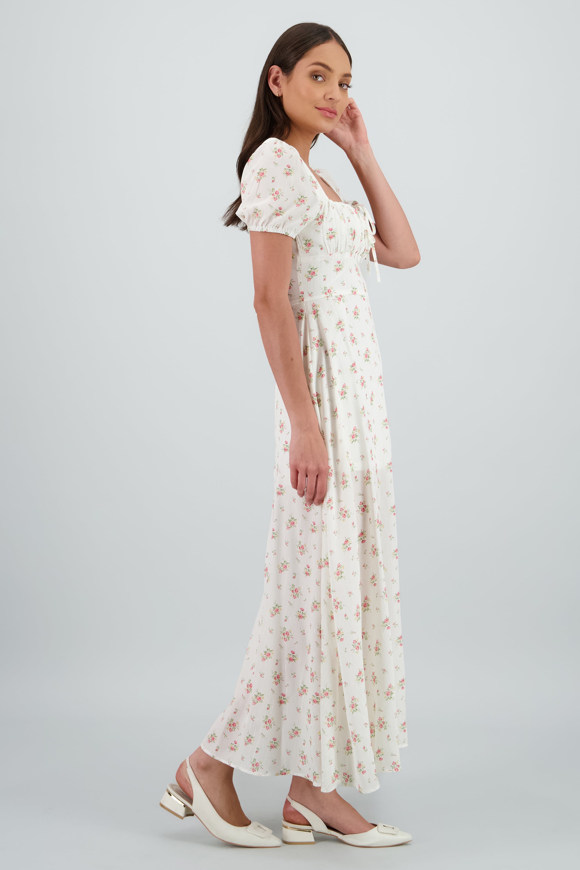 Vestido midi lurex y flores ROSA COMBO