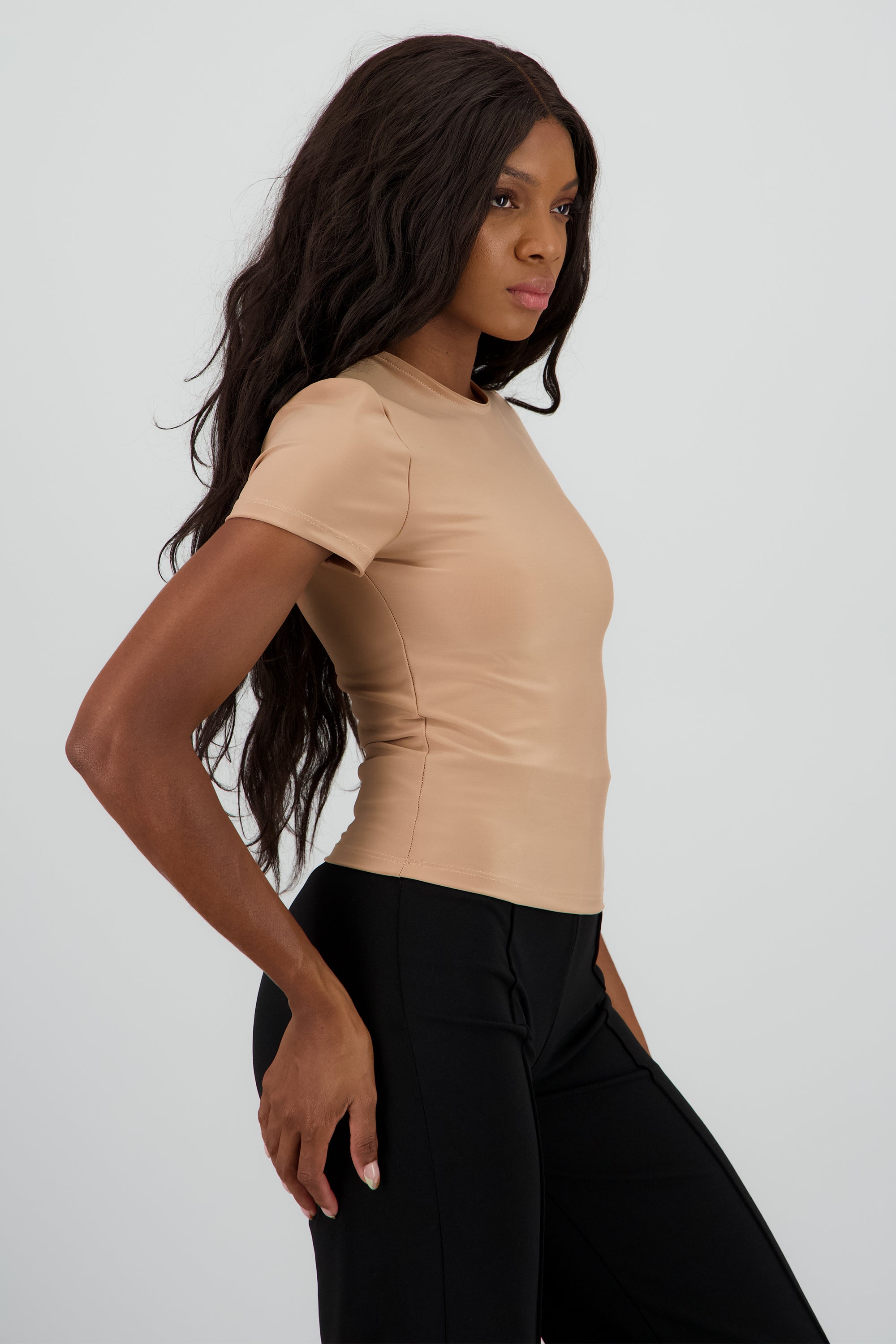 Top manga corta largo suave liso TAUPE