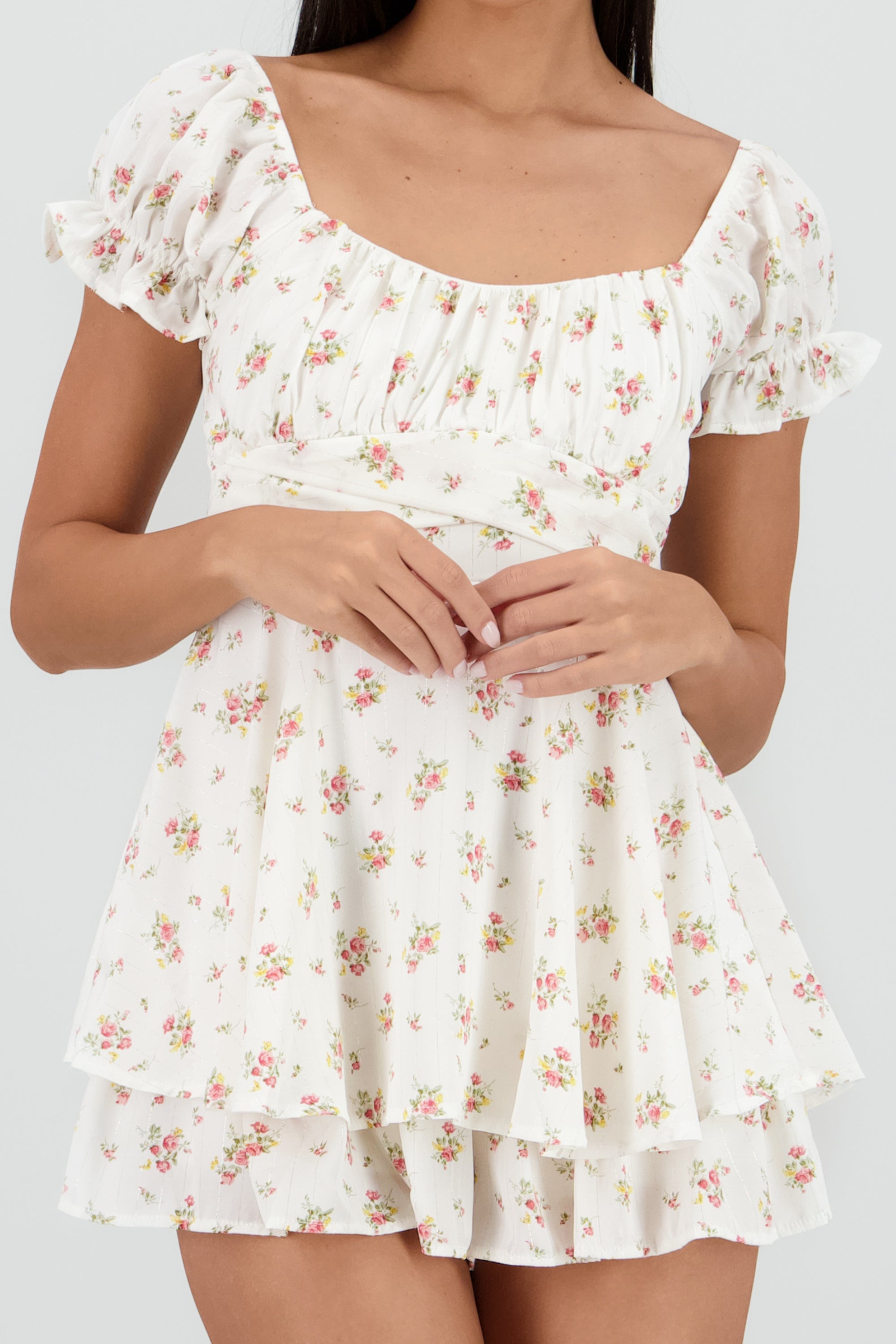 Romper olanes flores con rayas lurex ROSA COMBO