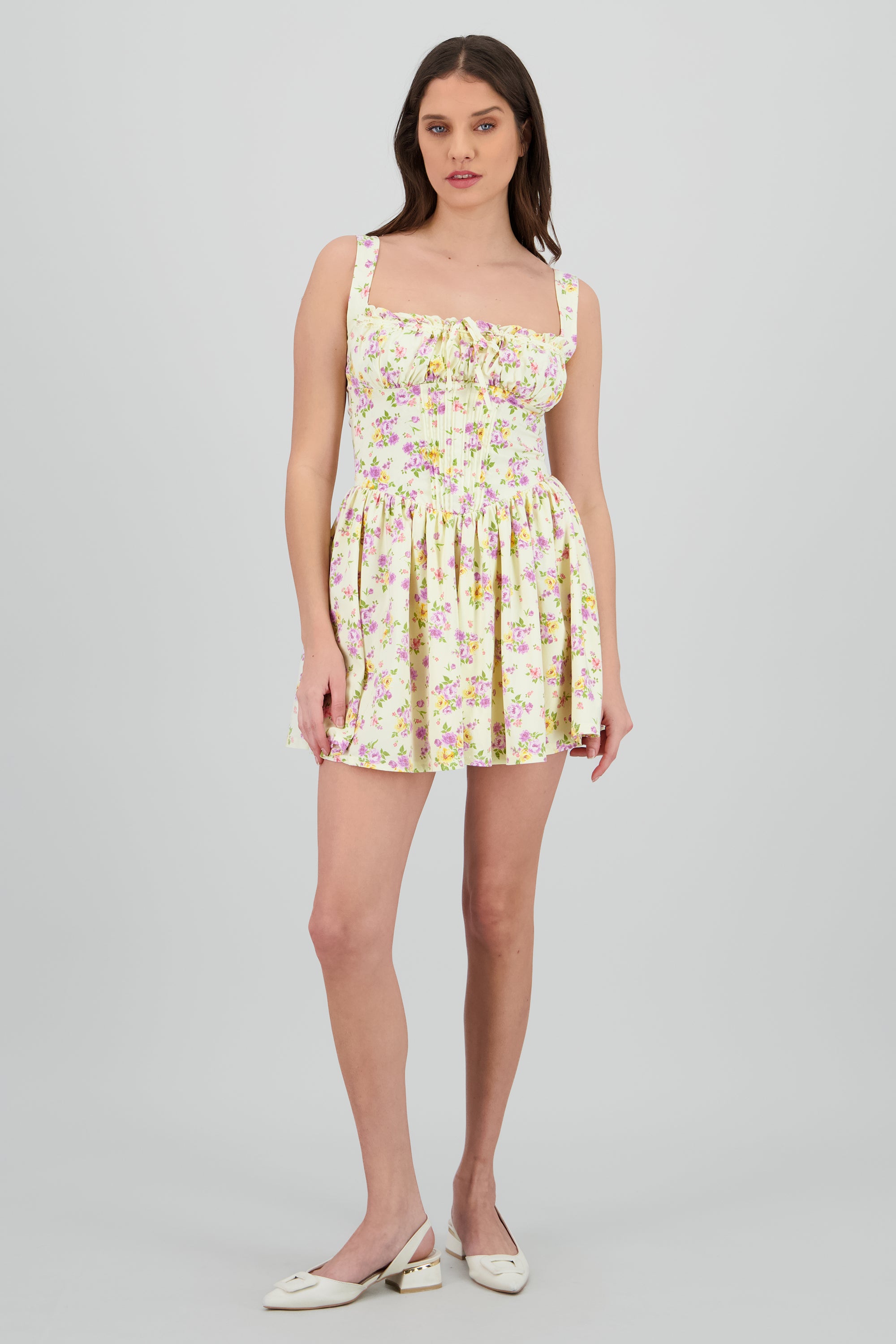 Vestido mini escote plisado flores AMARILLO COMBO