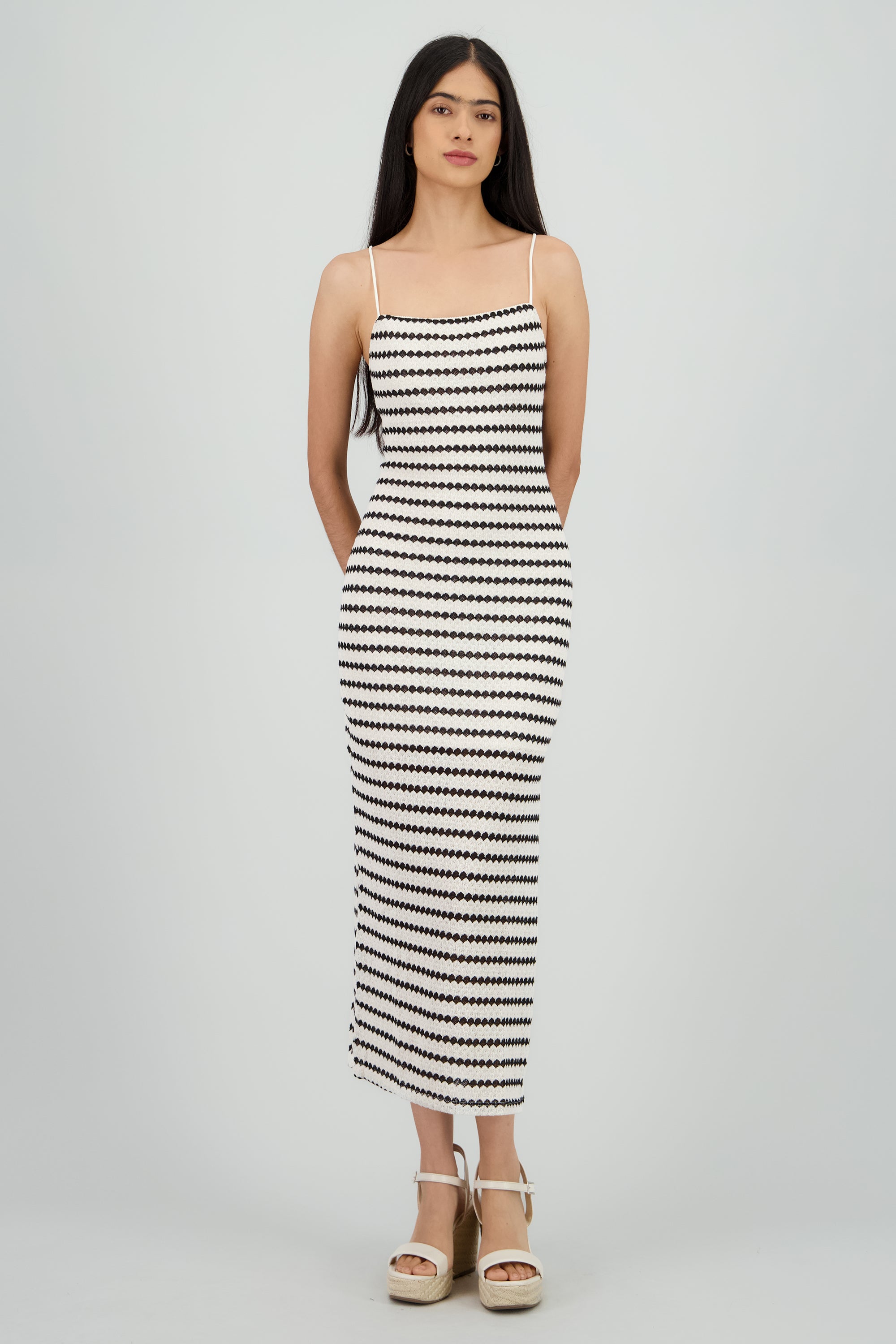 Vestido midi lineas textura HUESO COMBO
