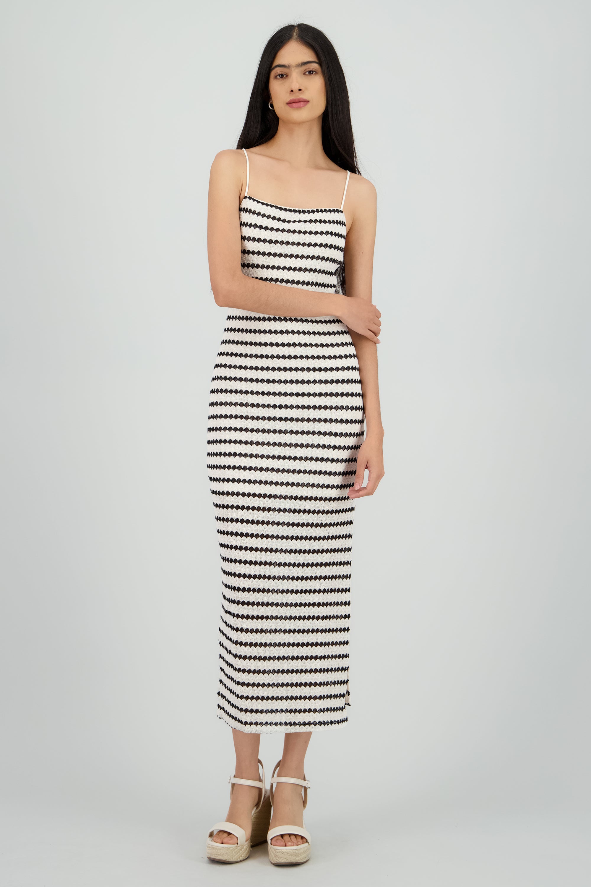 Vestido midi lineas textura HUESO COMBO