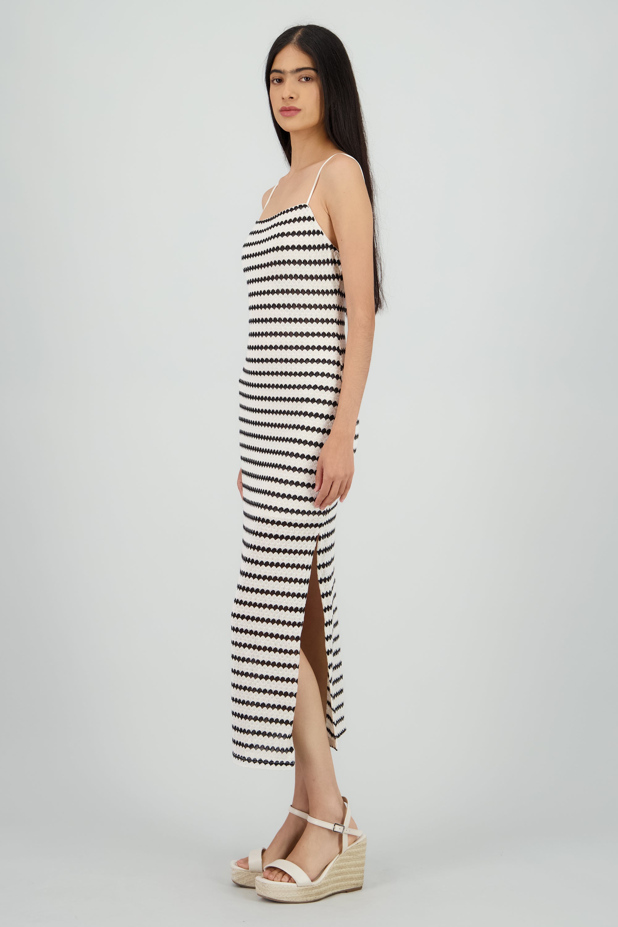 Vestido midi lineas textura HUESO COMBO