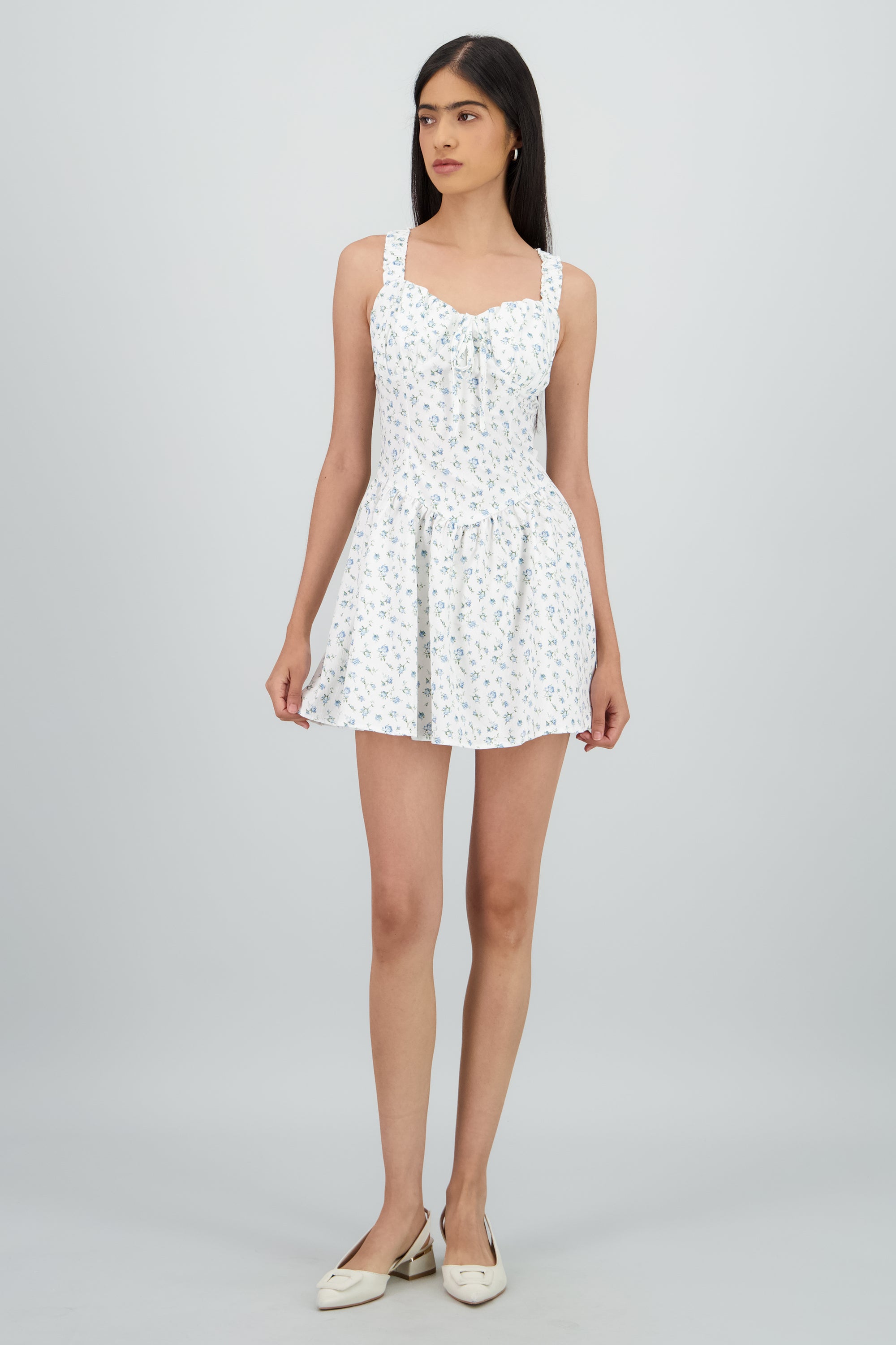 Vestido corto mini flores con textura AZUL COMBO