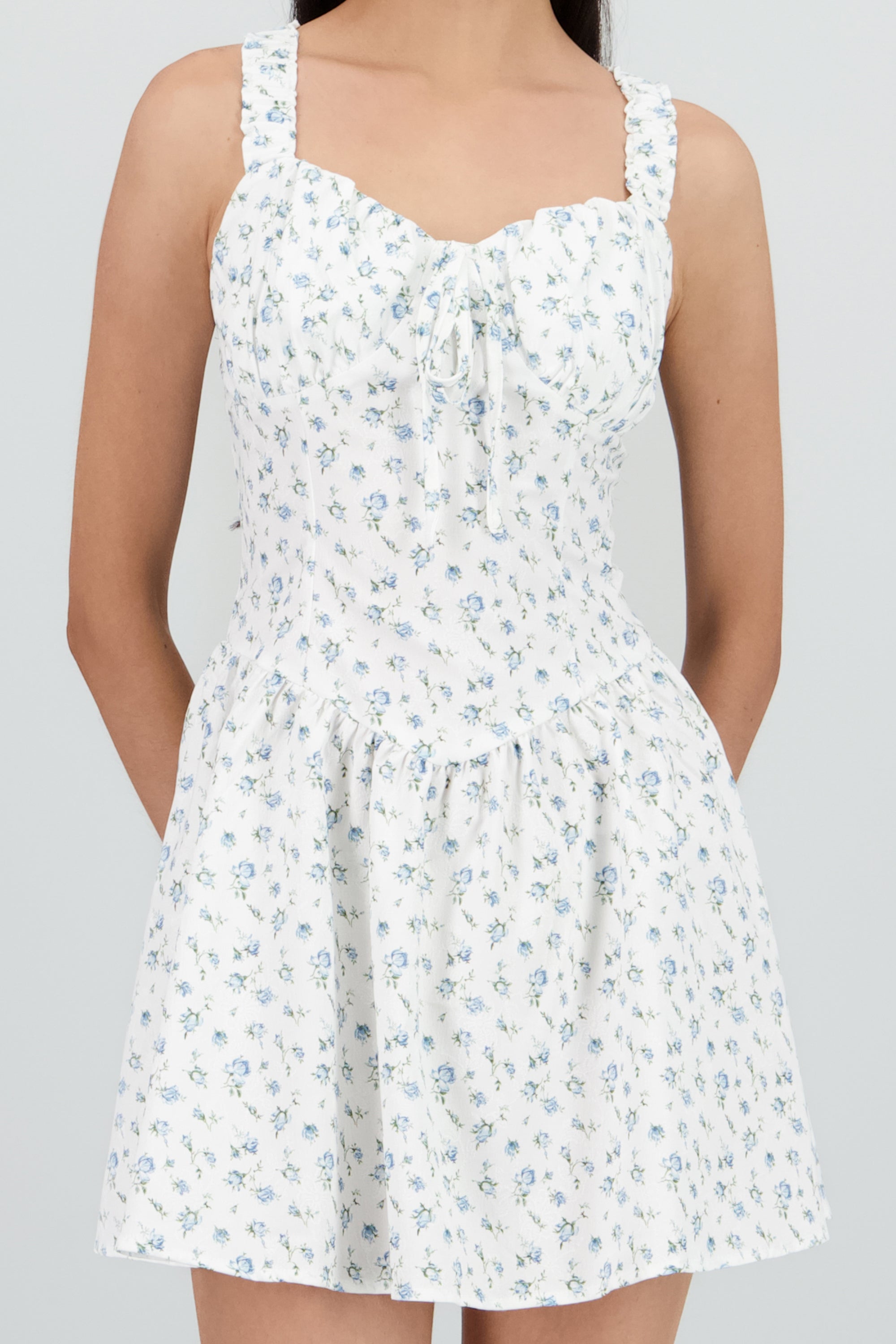 Vestido corto mini flores con textura AZUL COMBO