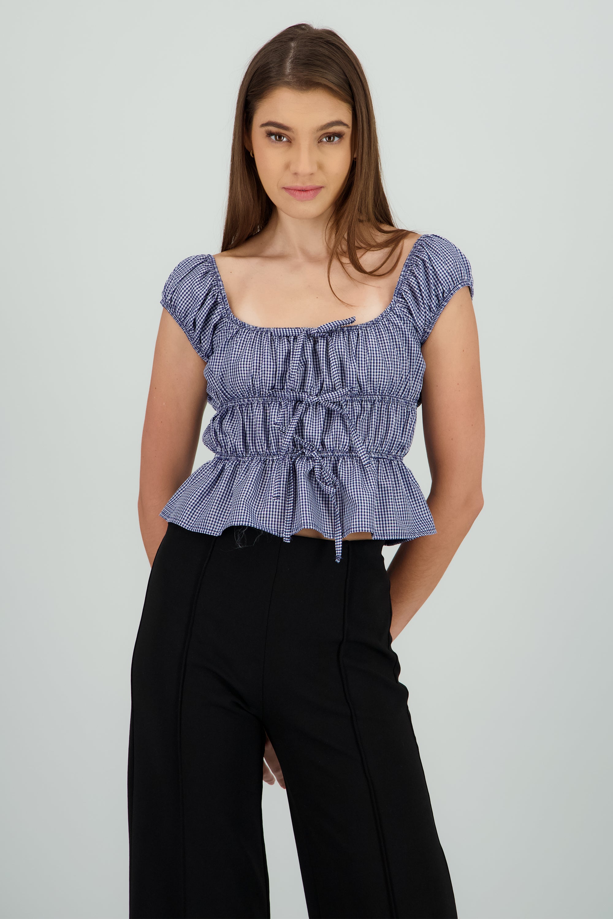 Blusa manga corta cuadros detalle moños MARINO