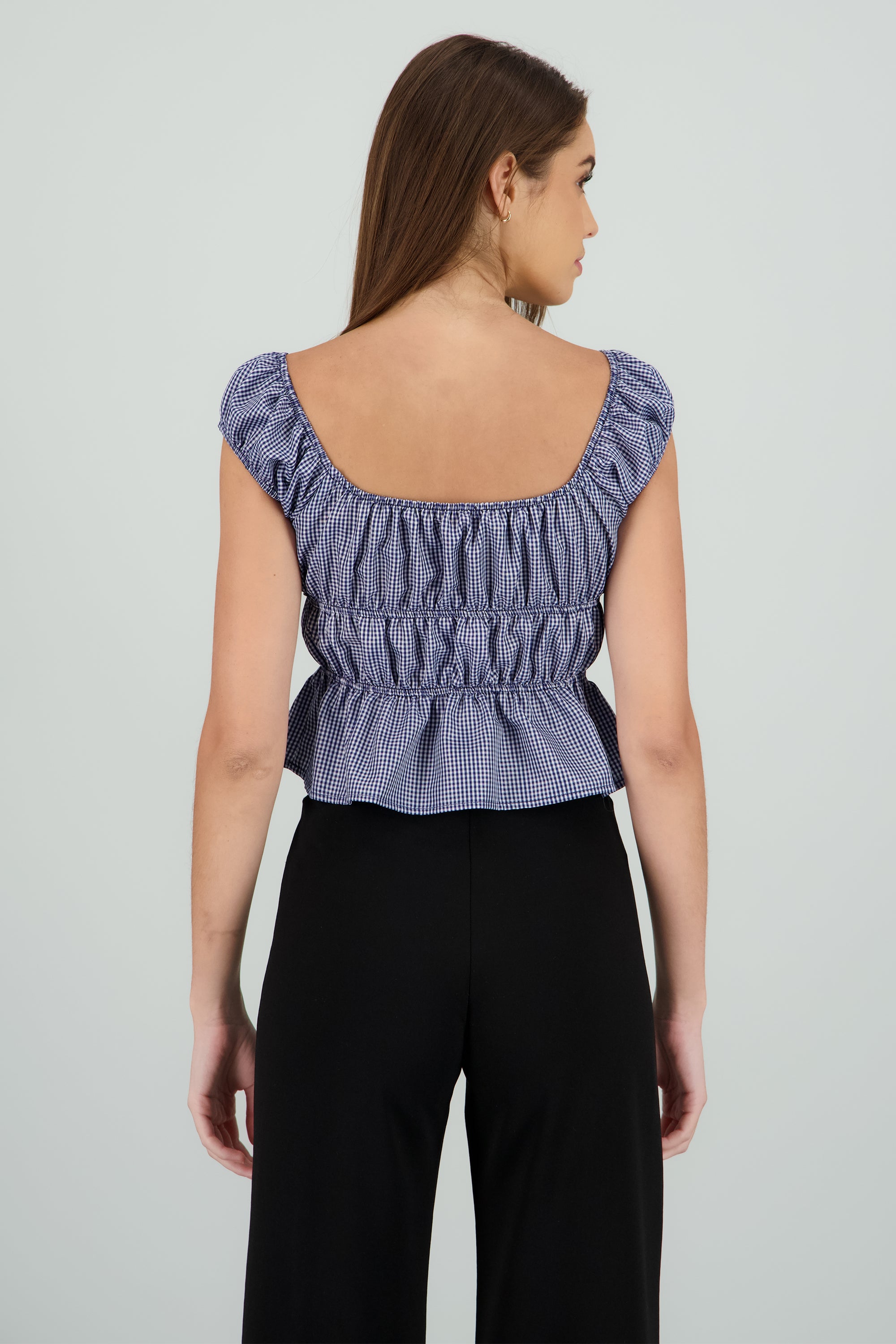 Blusa manga corta cuadros detalle moños MARINO