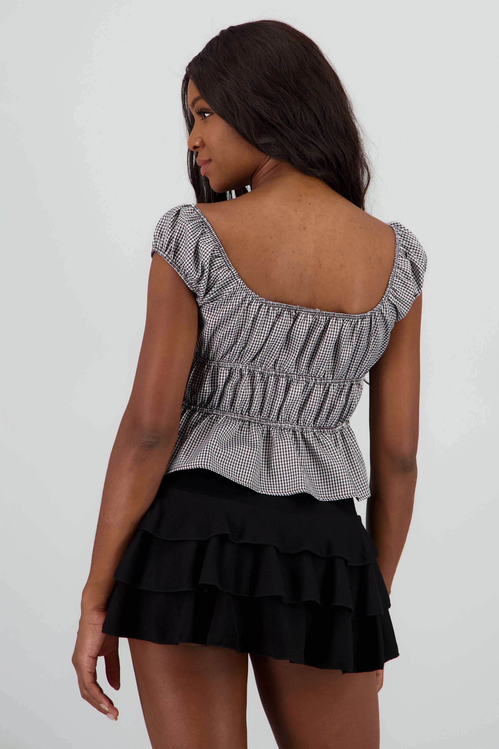 Blusa manga corta cuadros detalle moños CAFE COMBO