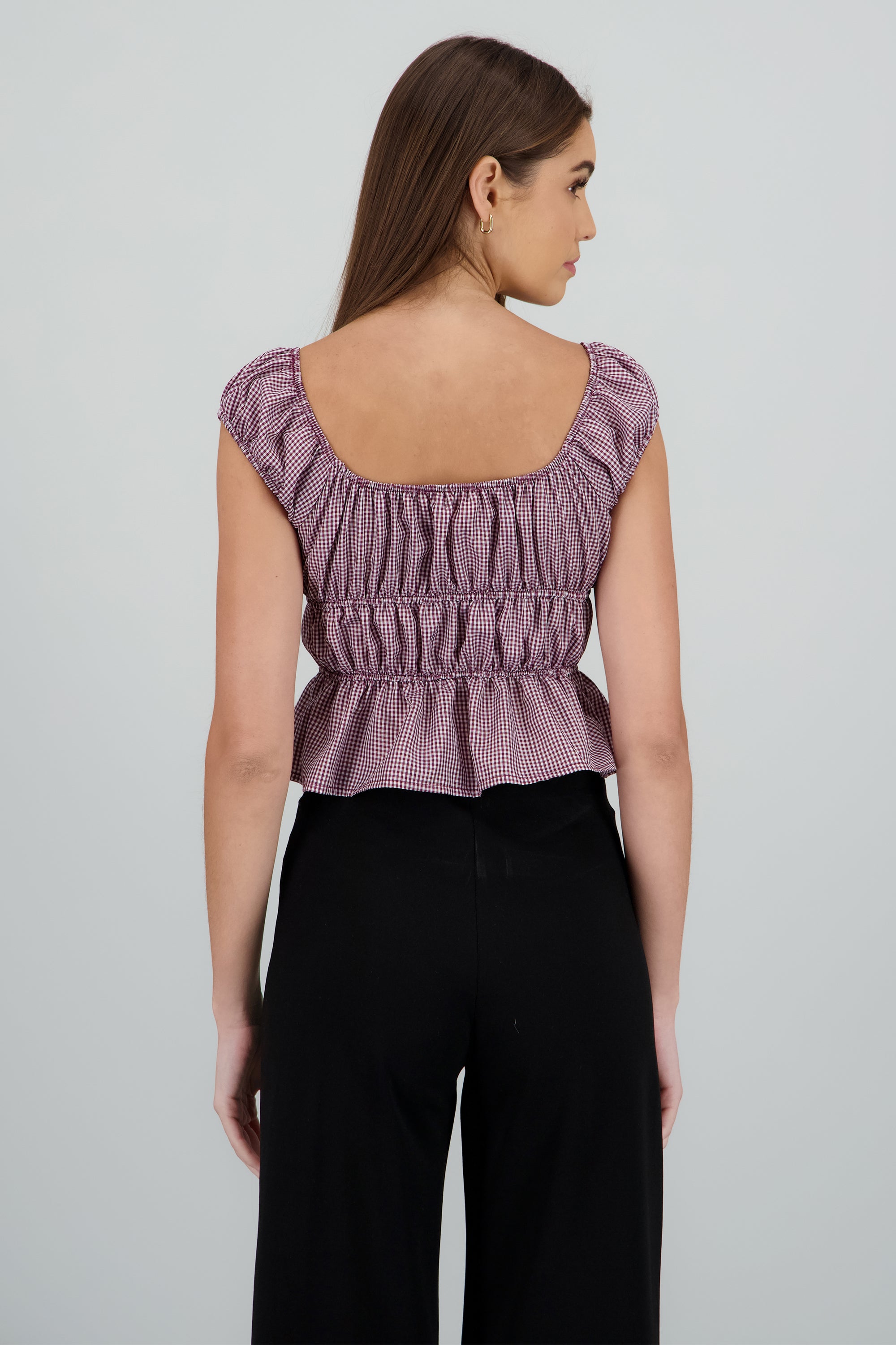 Blusa manga corta cuadros detalle moños VINO