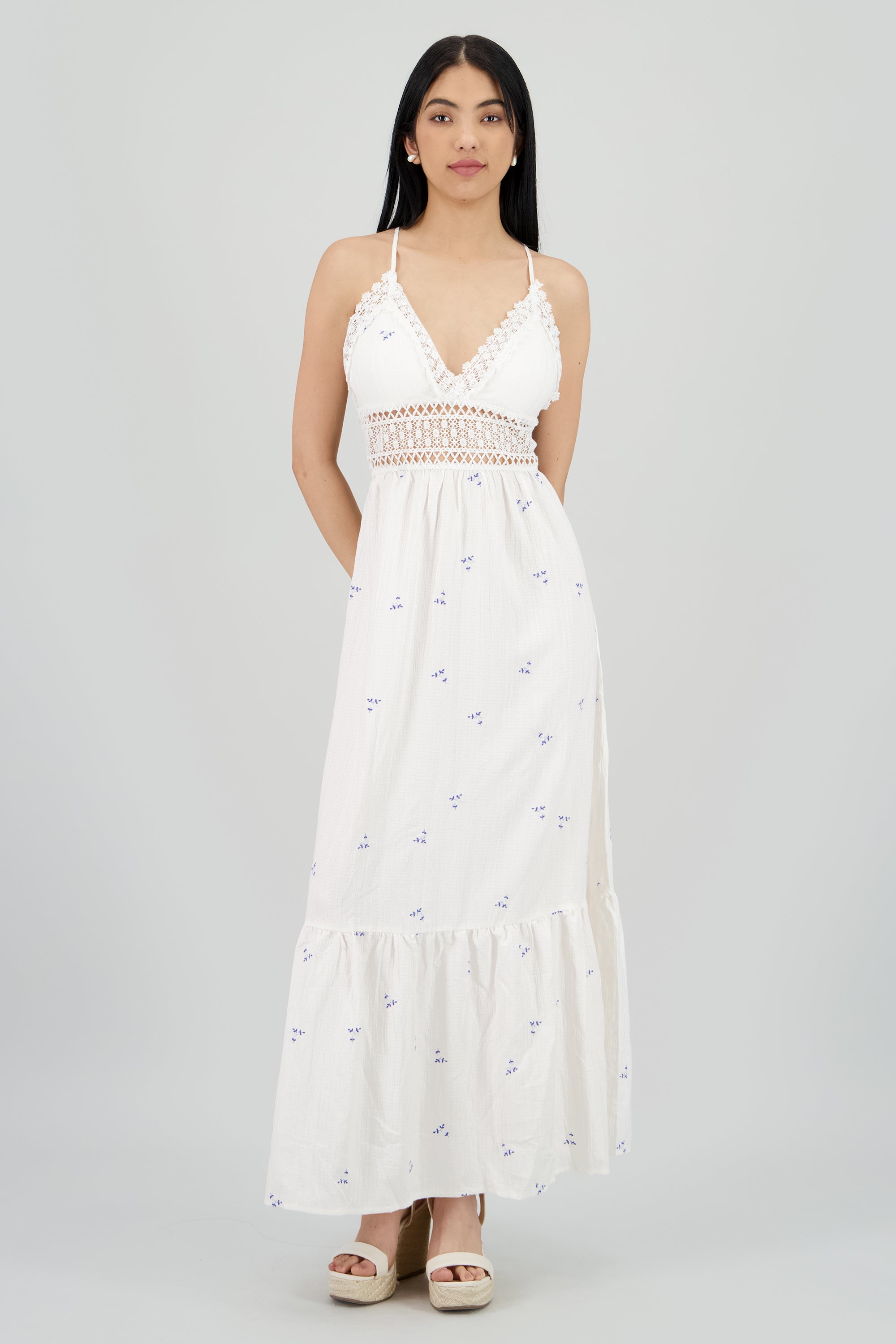 Vestido maxi con bordado de flores y crochet BLANCO COMBO