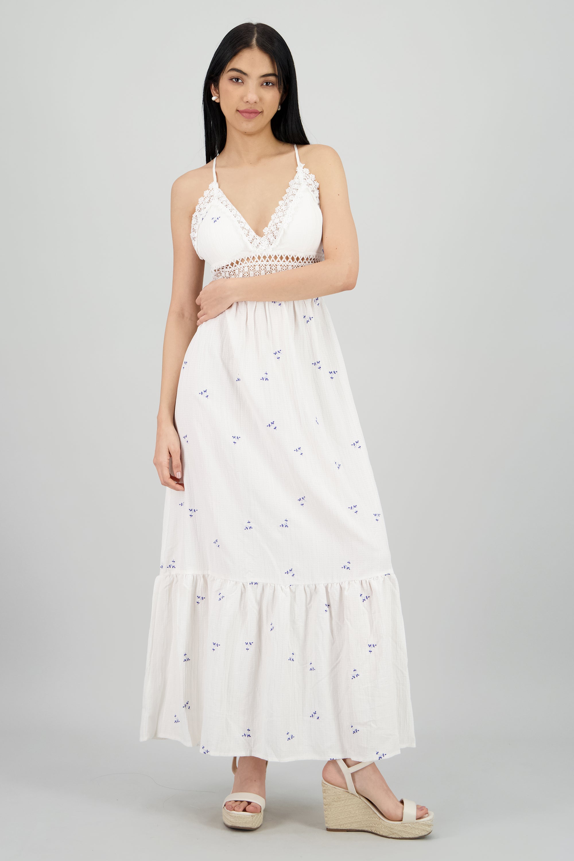 Vestido maxi con bordado de flores y crochet BLANCO COMBO