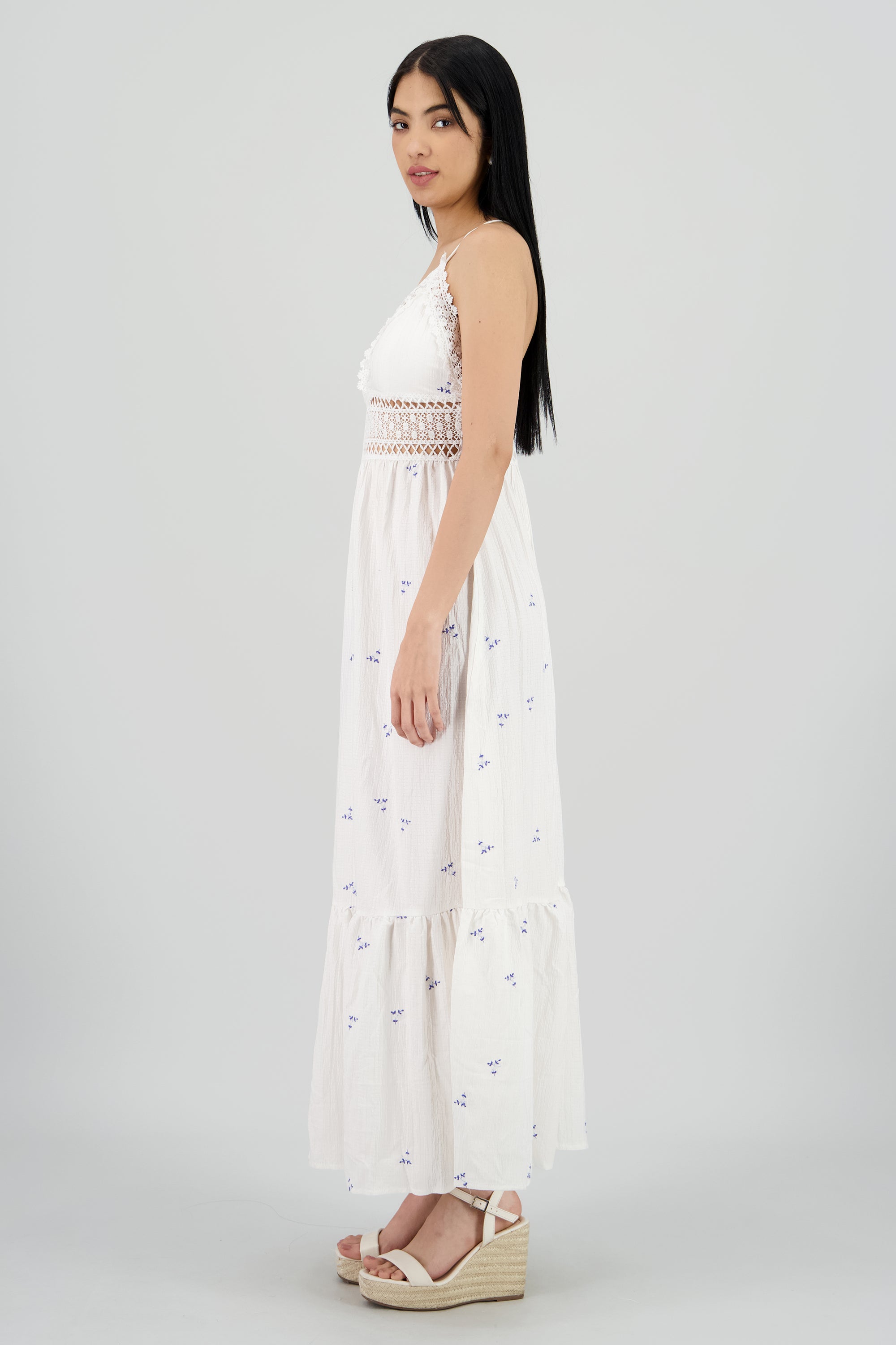 Vestido maxi con bordado de flores y crochet BLANCO COMBO