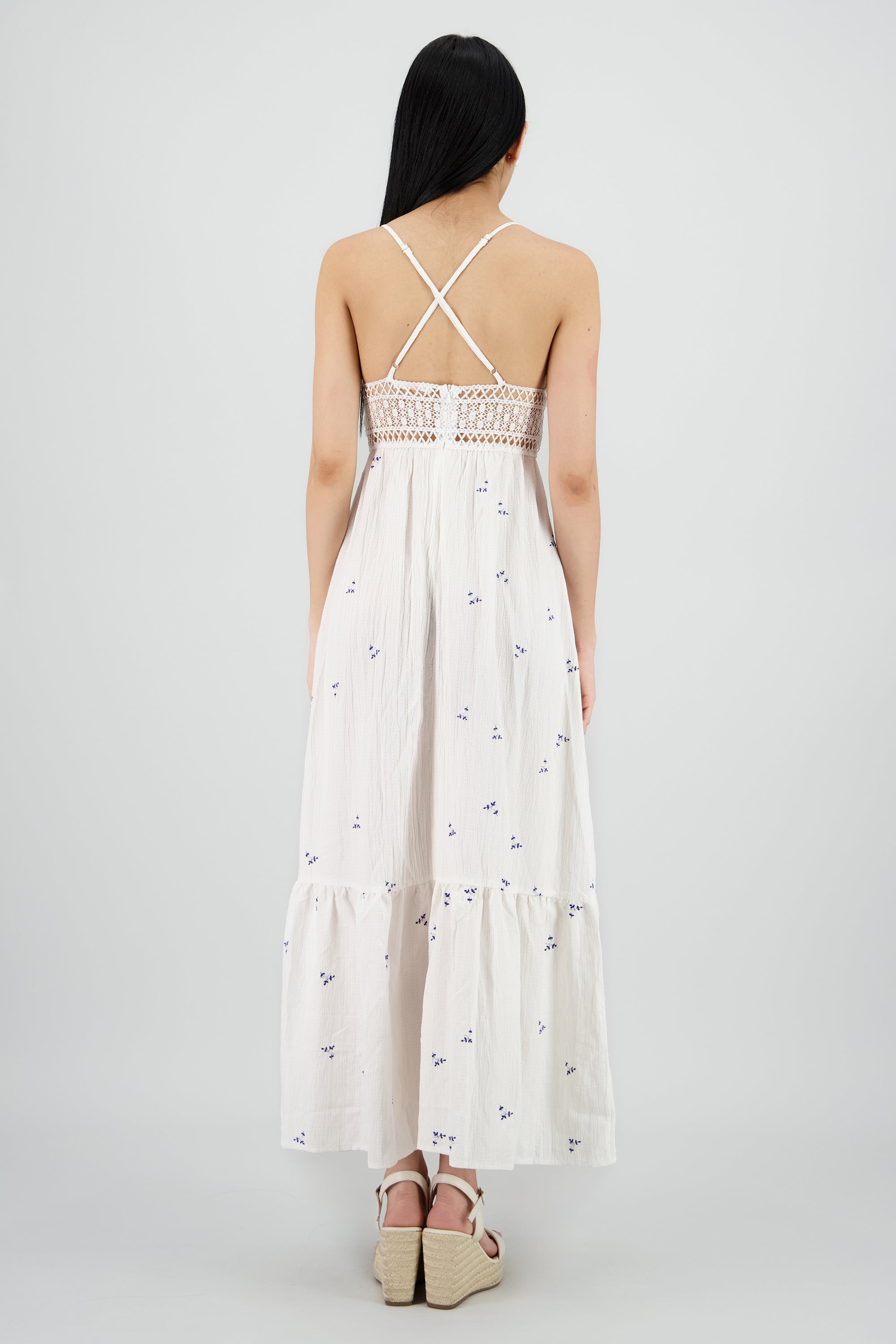 Vestido maxi con bordado de flores y crochet BLANCO COMBO
