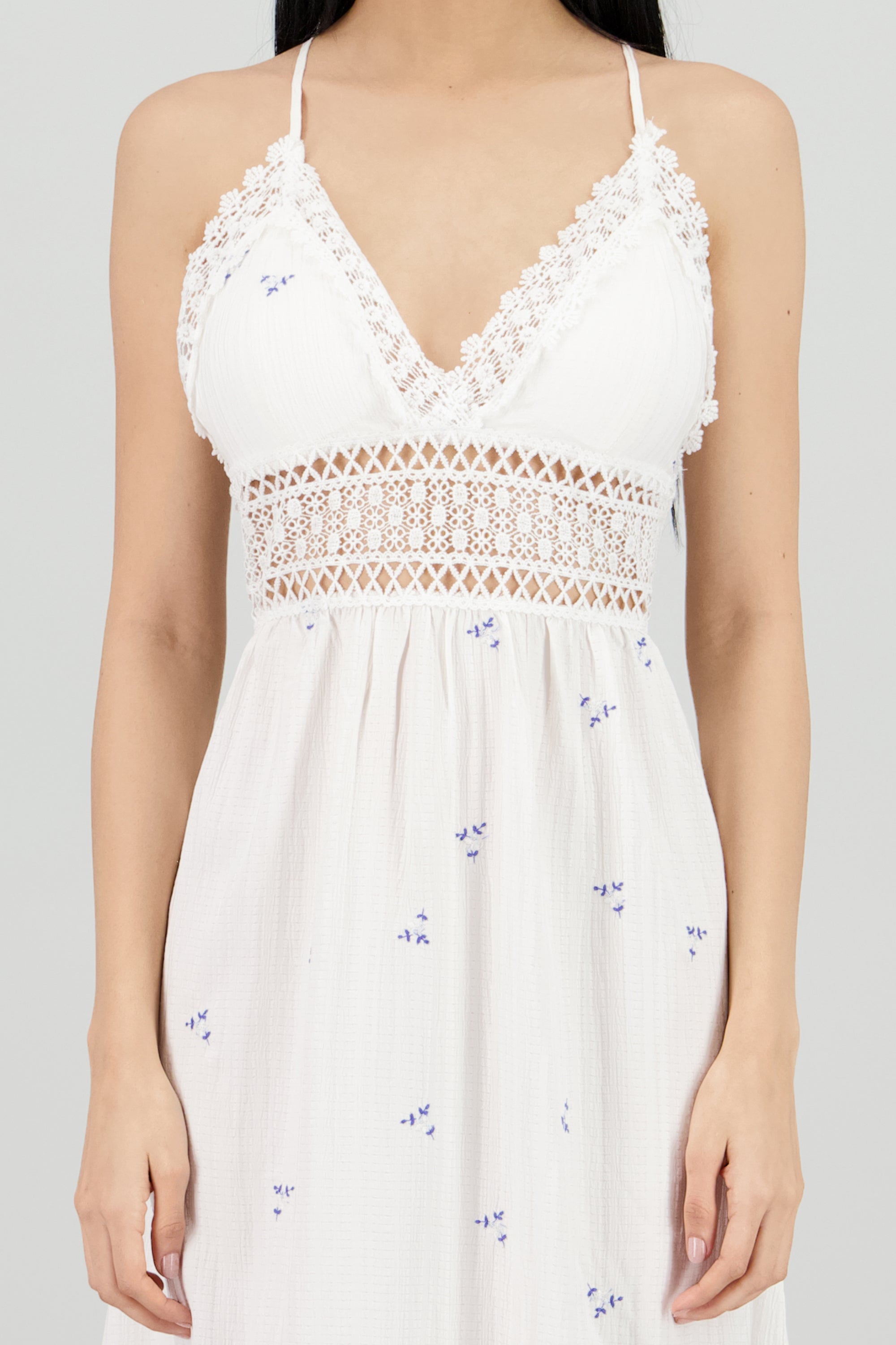Vestido maxi con bordado de flores y crochet BLANCO COMBO