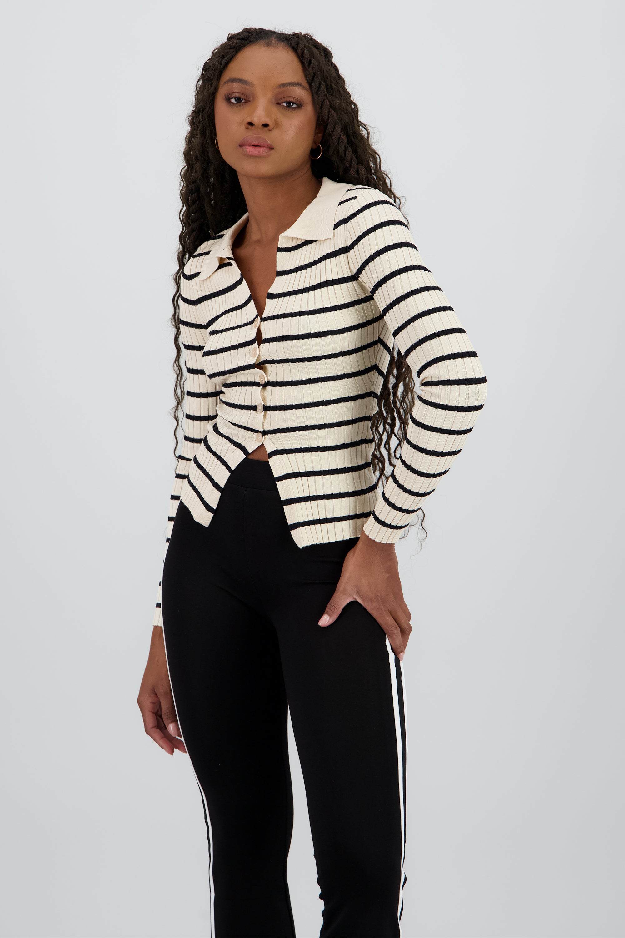 Top tejido rayas cuello polo BEIGE