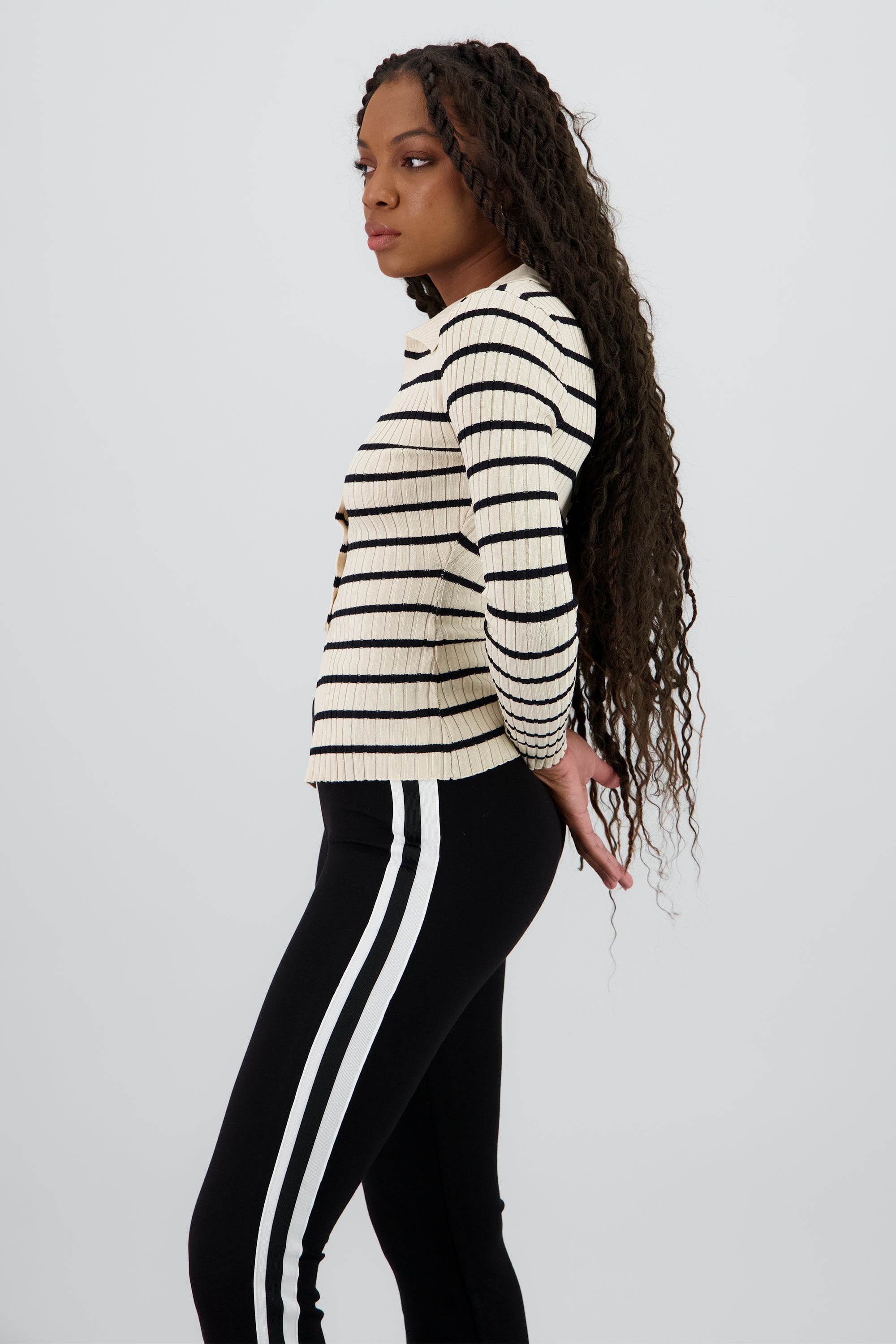 Top tejido rayas cuello polo BEIGE