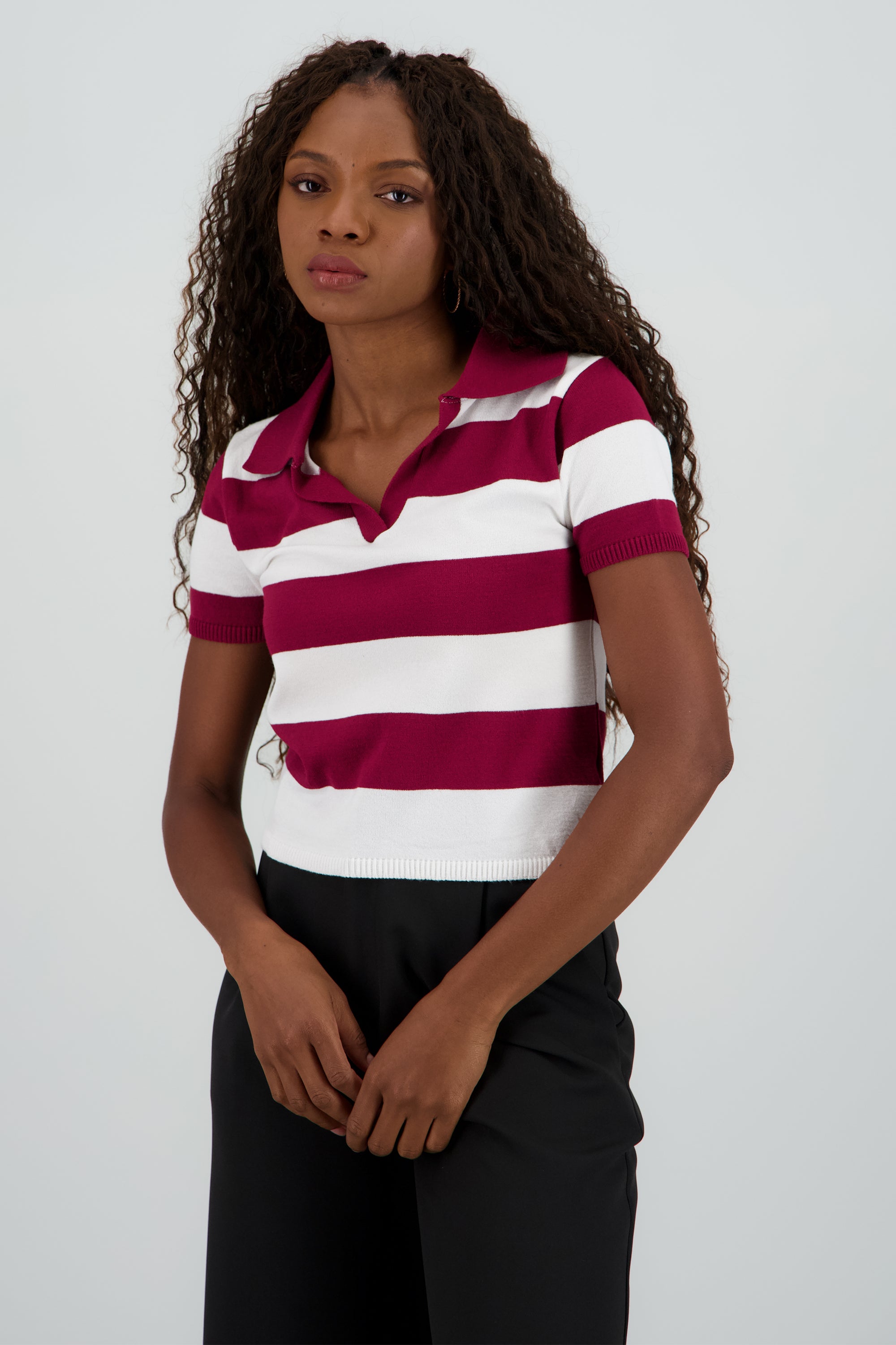 Top polo tejido ligero rayas VINO