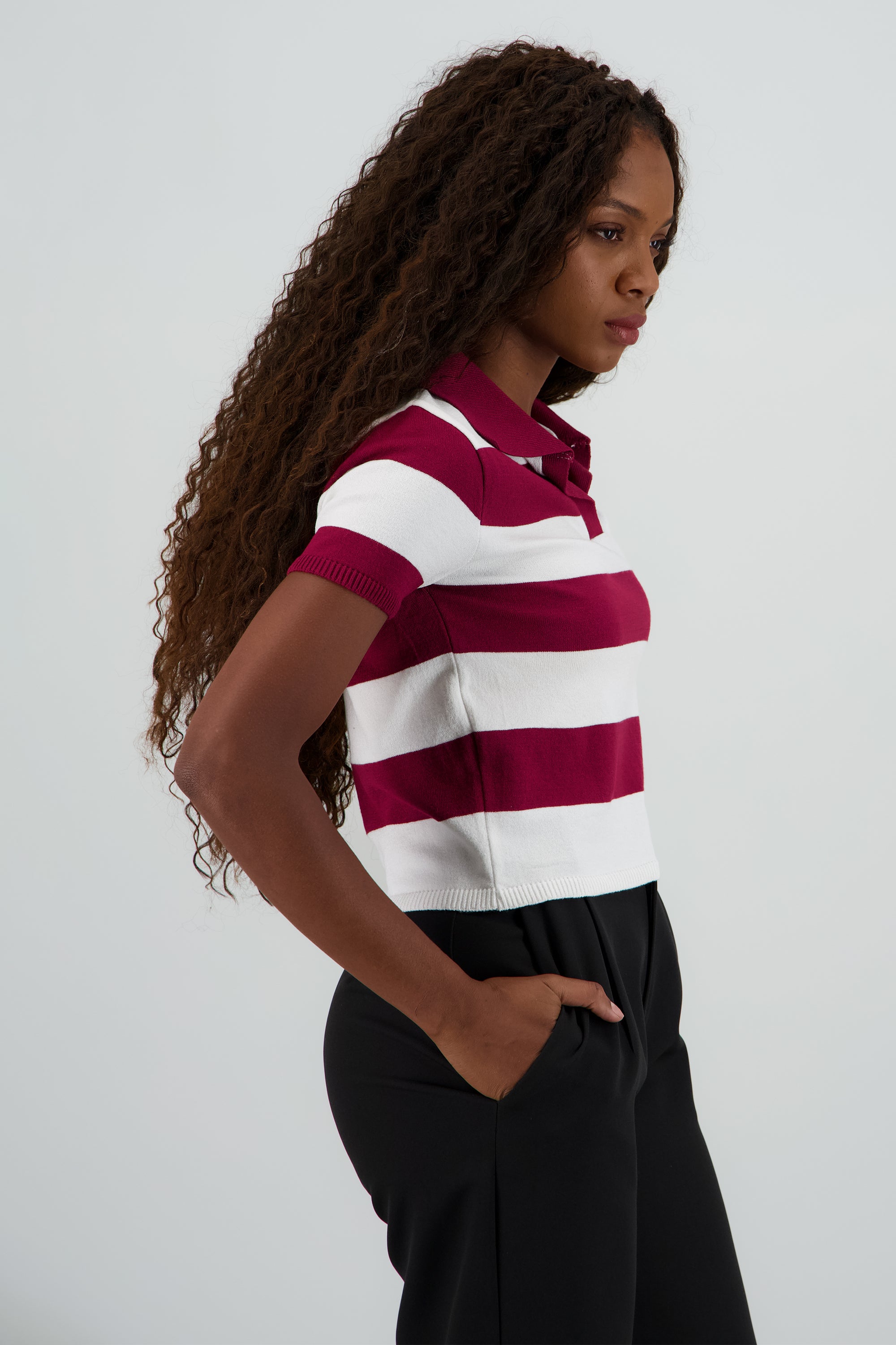 Top polo tejido ligero rayas VINO
