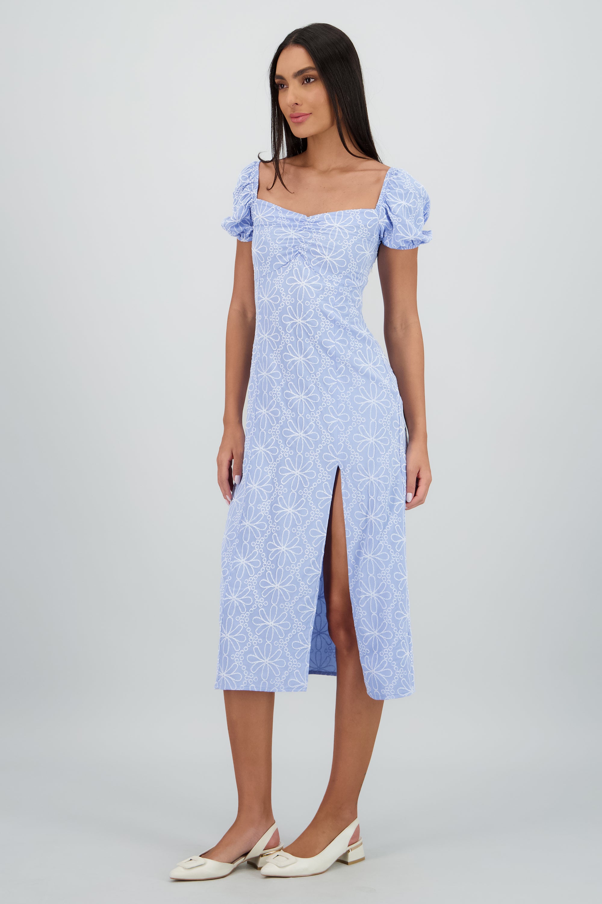 Vestido midi manga abullonada frunces AZUL PASTEL