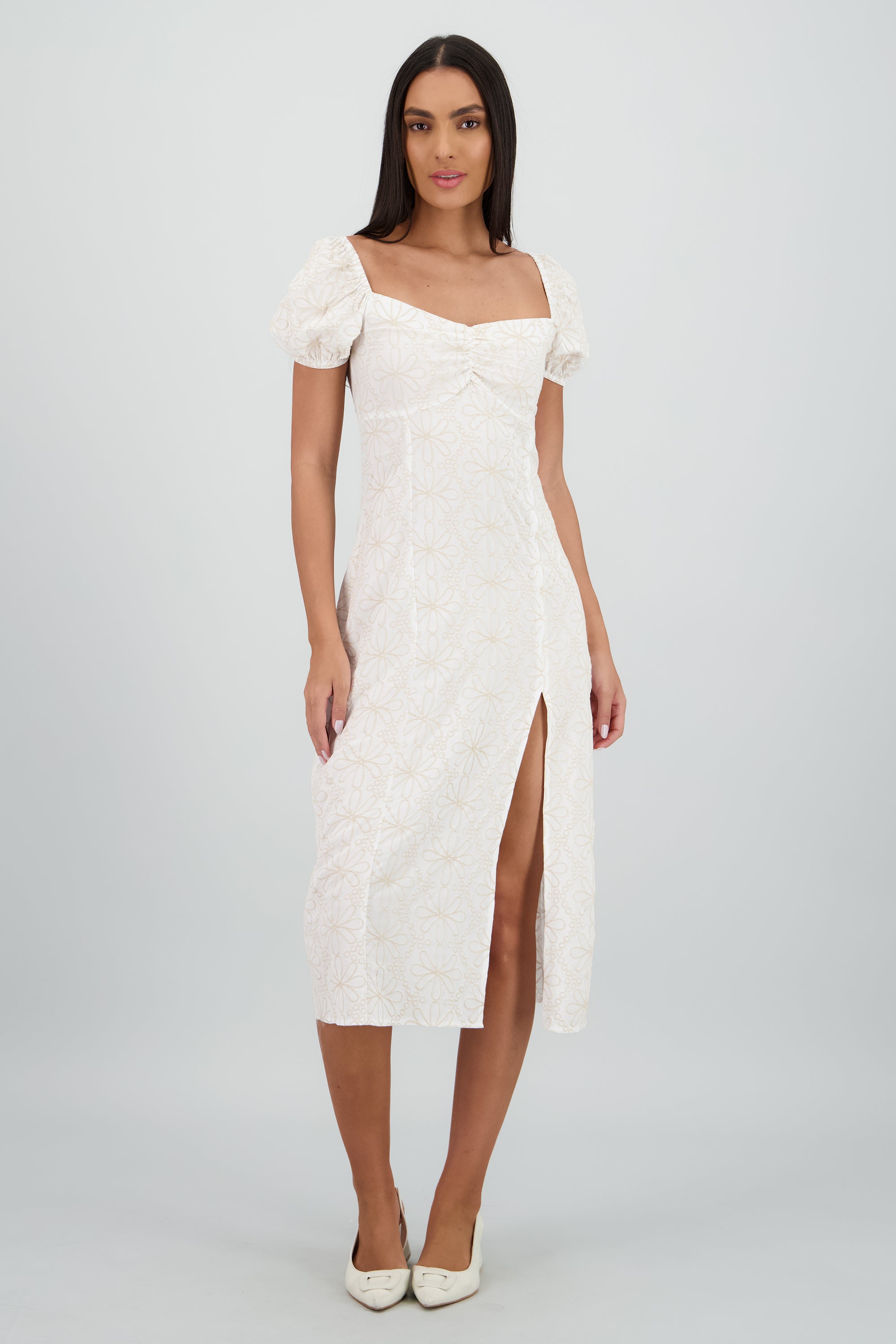 Vestido midi manga abullonada frunces BLANCO COMBO