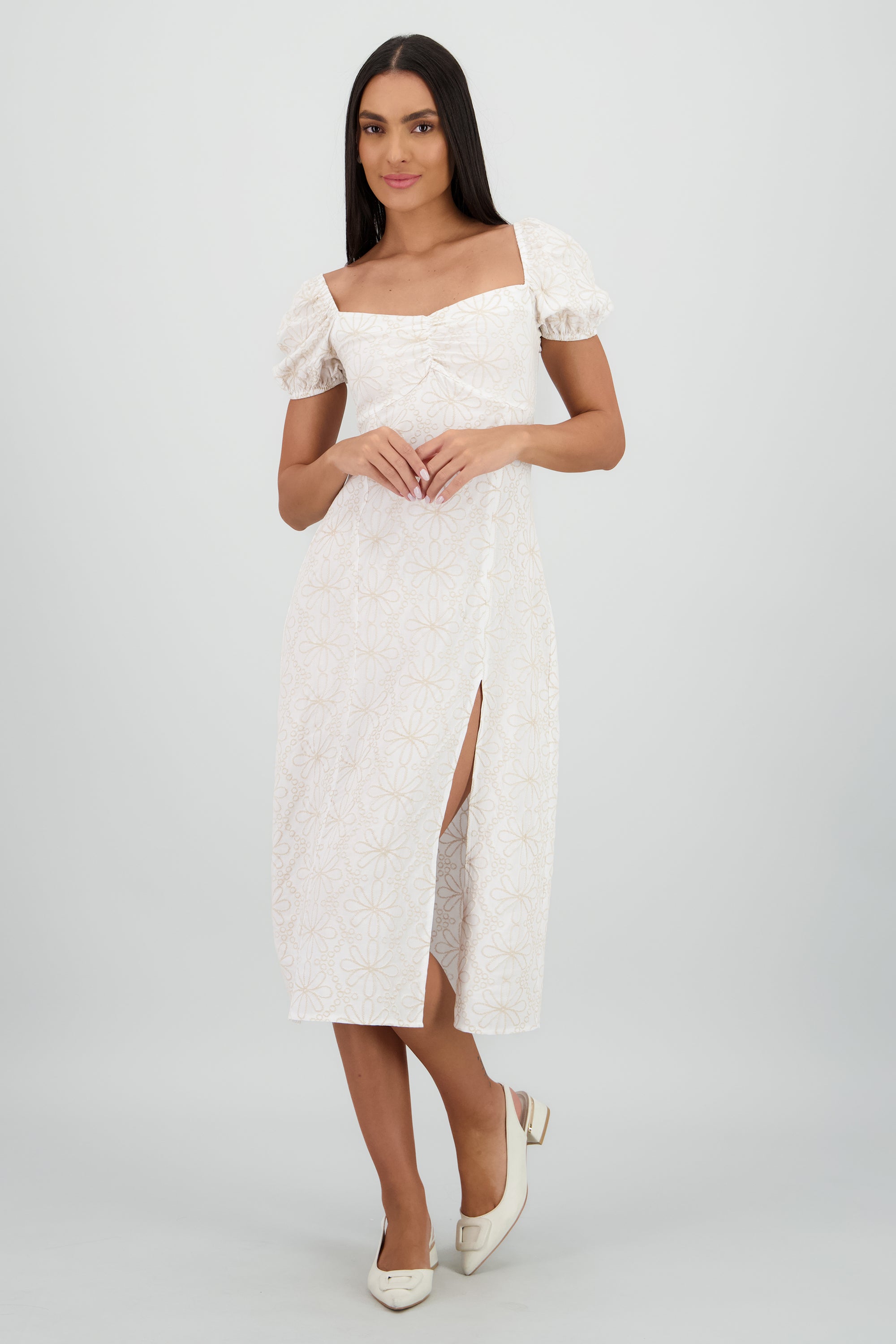 Vestido midi manga abullonada frunces BLANCO COMBO
