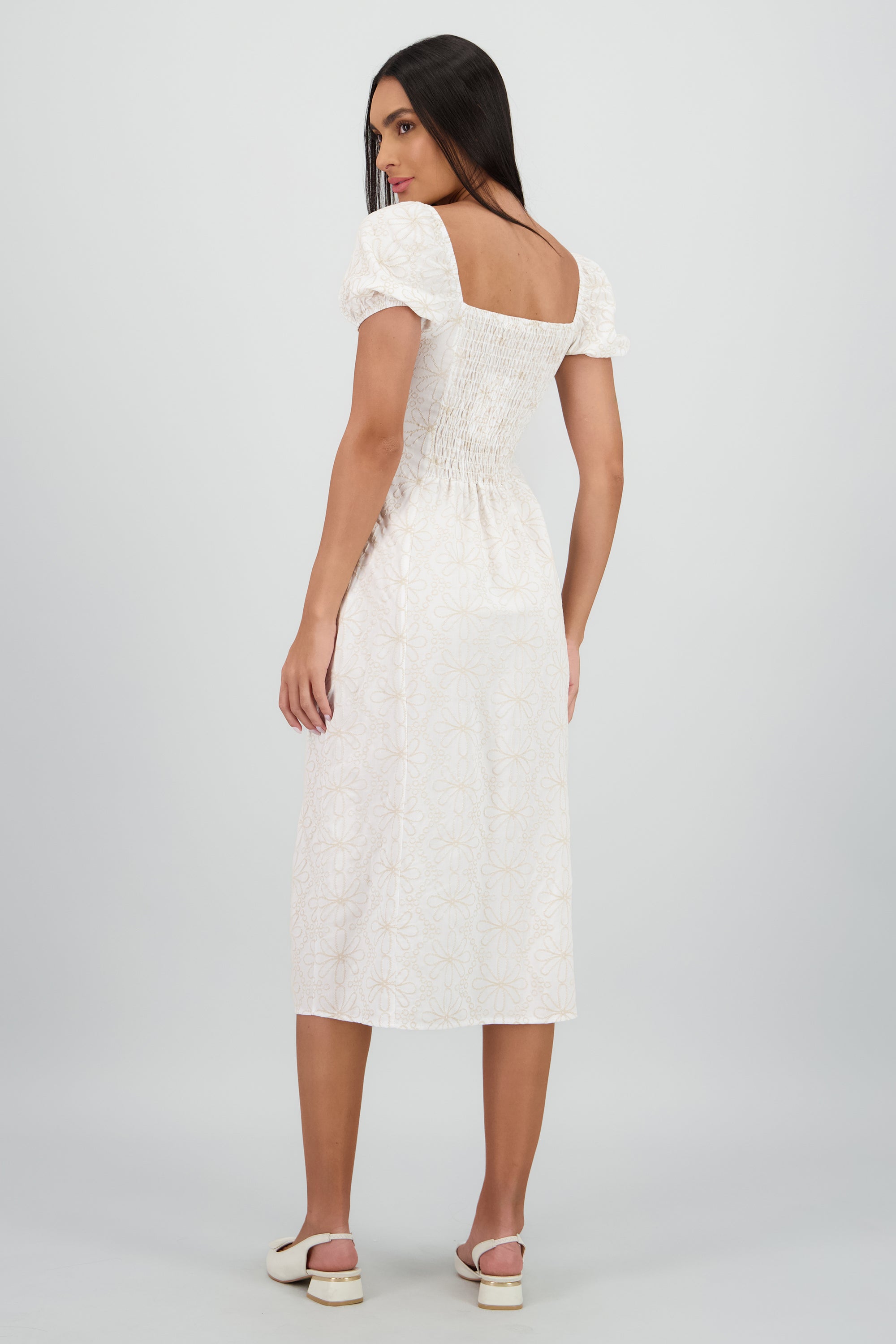 Vestido midi manga abullonada frunces BLANCO COMBO