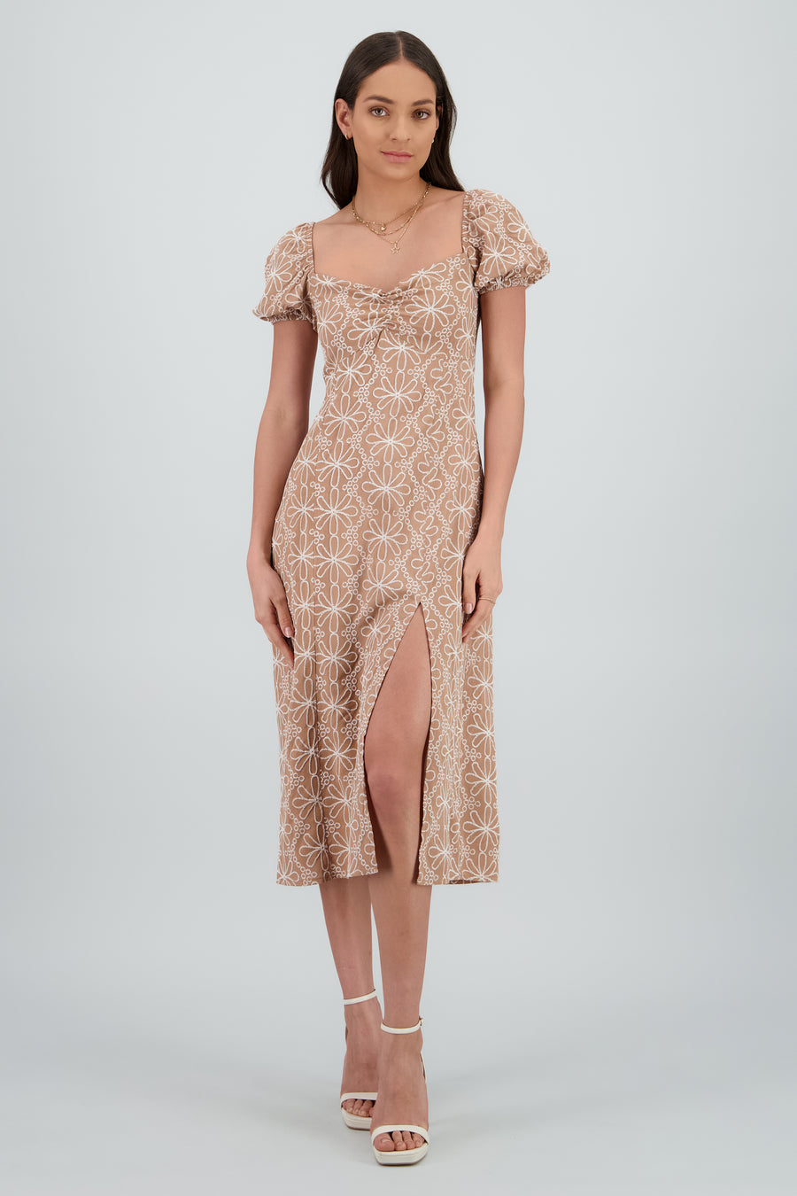 Vestido midi manga abullonada frunces