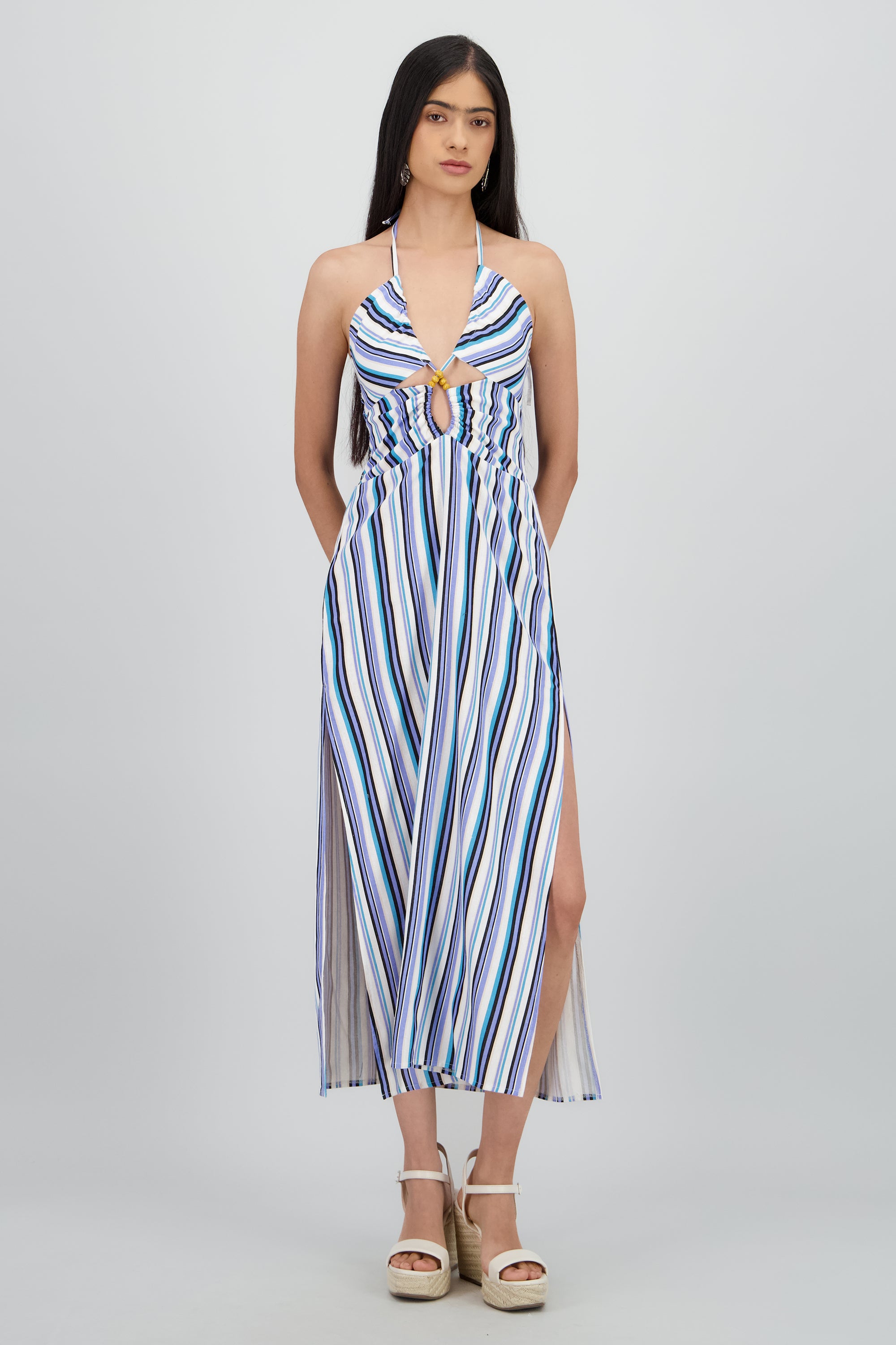 Vestido cutout halter lineas AZUL COMBO