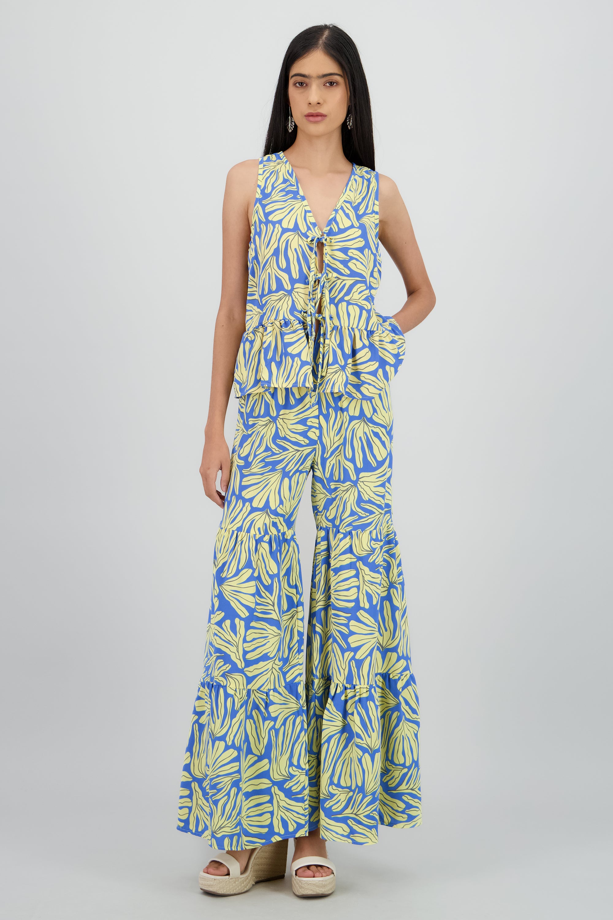 Pantalon amplio cortes estampado AZUL COMBO