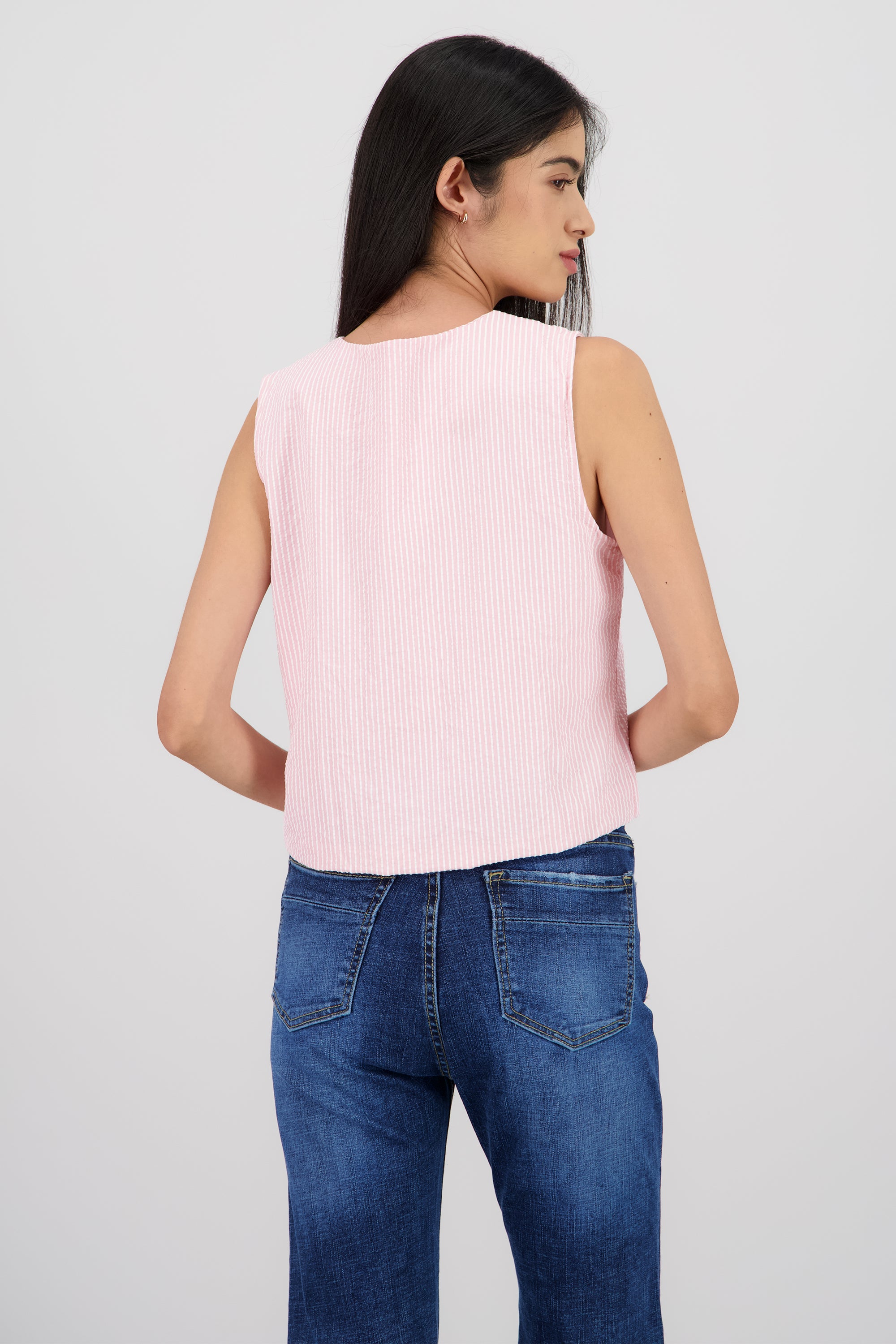 Blusa cuello v detalle moños rayas ROSA COMBO