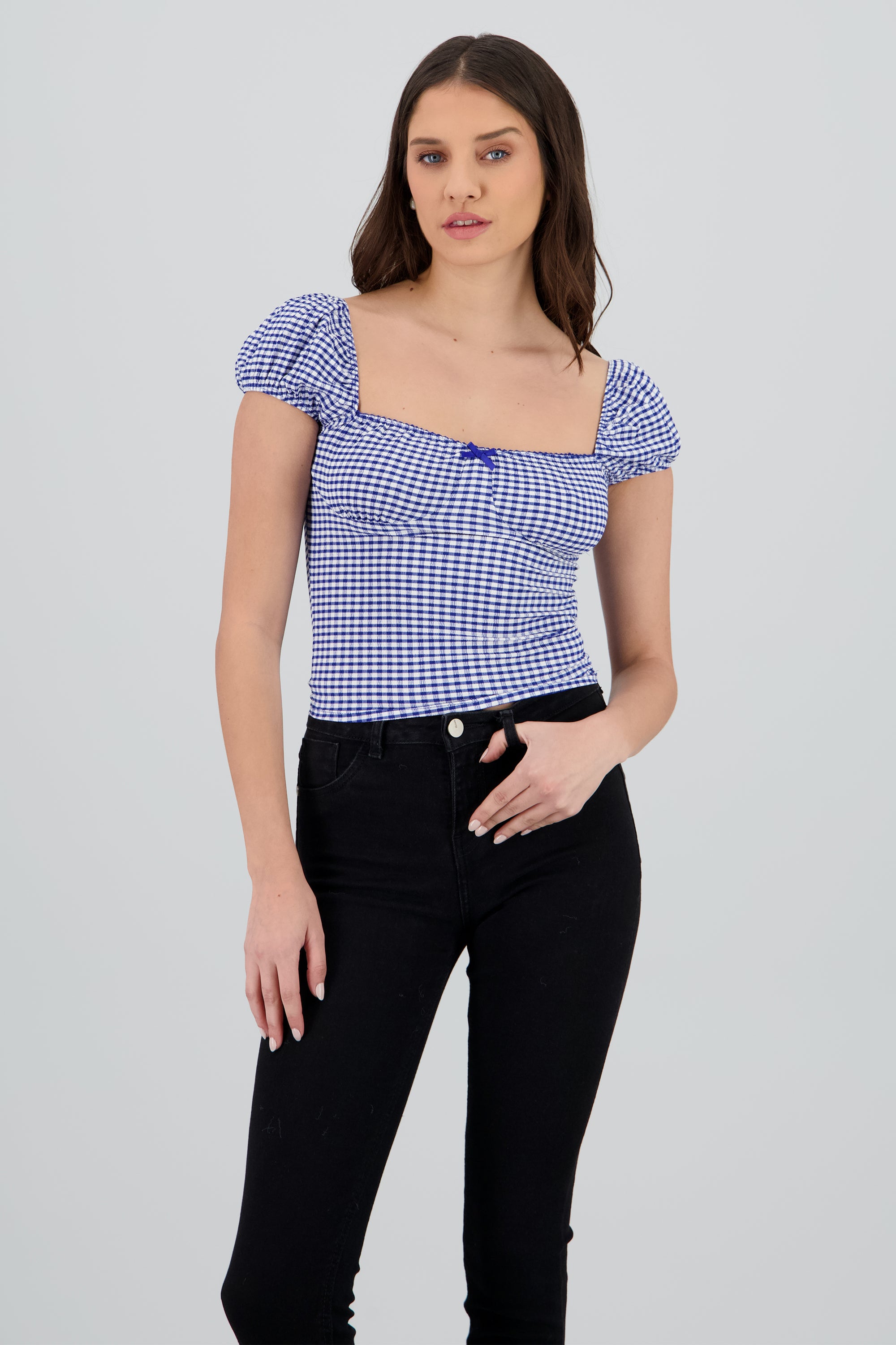 Blusa detalle moño gingham AZUL COMBO