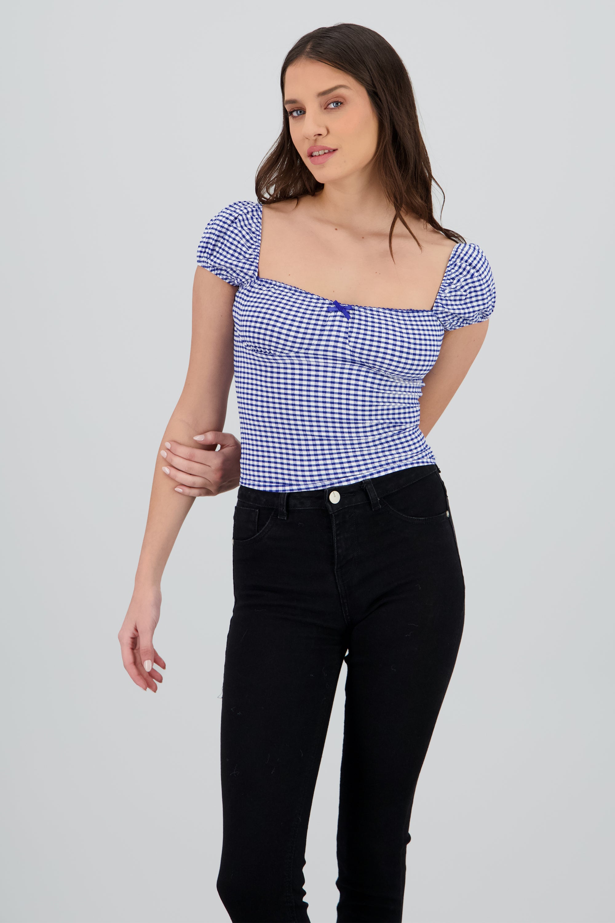 Blusa detalle moño gingham AZUL COMBO