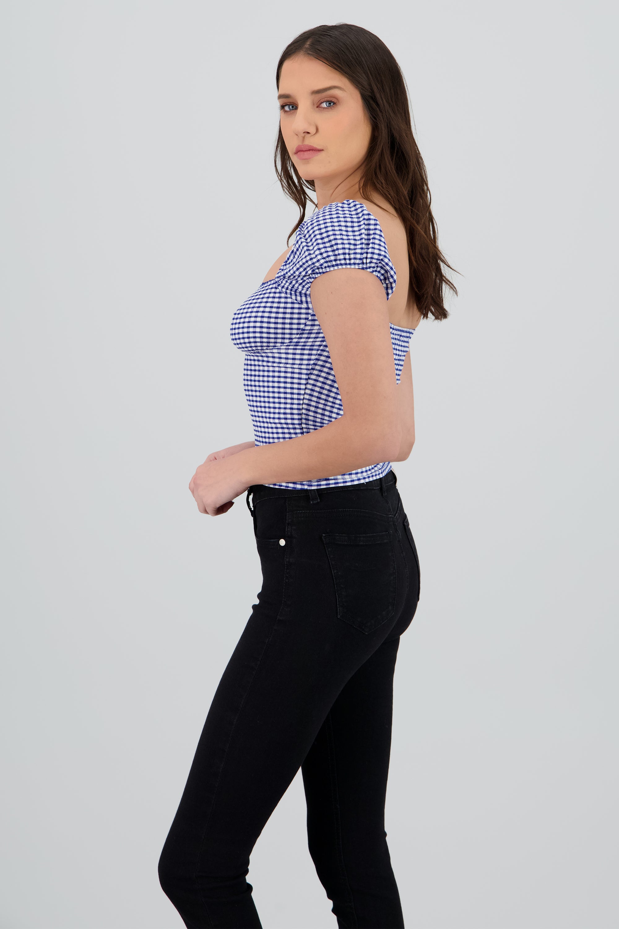 Blusa detalle moño gingham AZUL COMBO