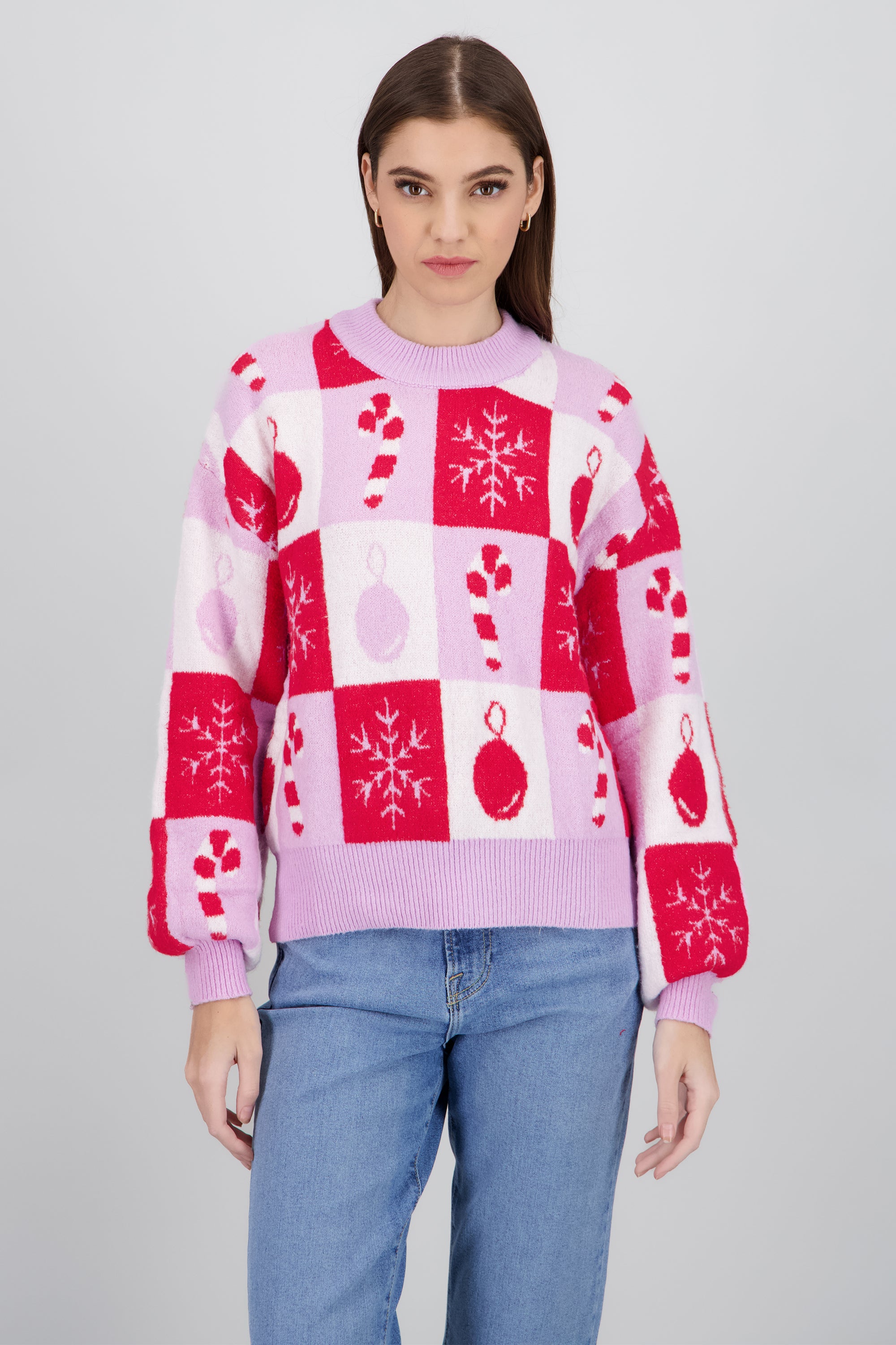 Sueter navideño esferas y bastoncitos ROSA COMBO